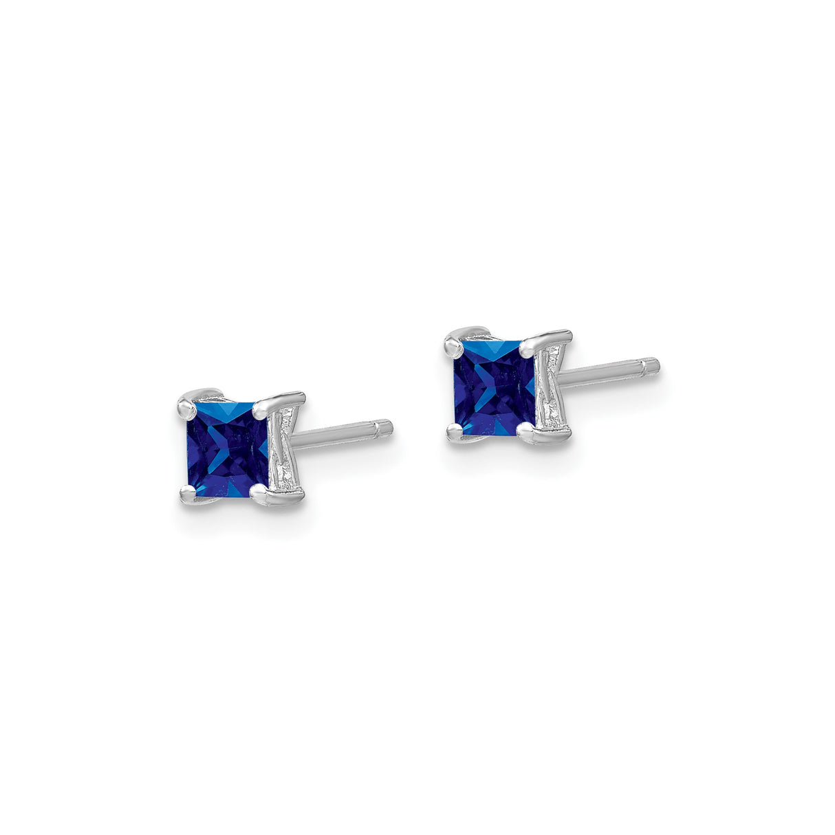 Sterling Silver Stud Earrings with Square Cut Created Sapphire, Princess Style