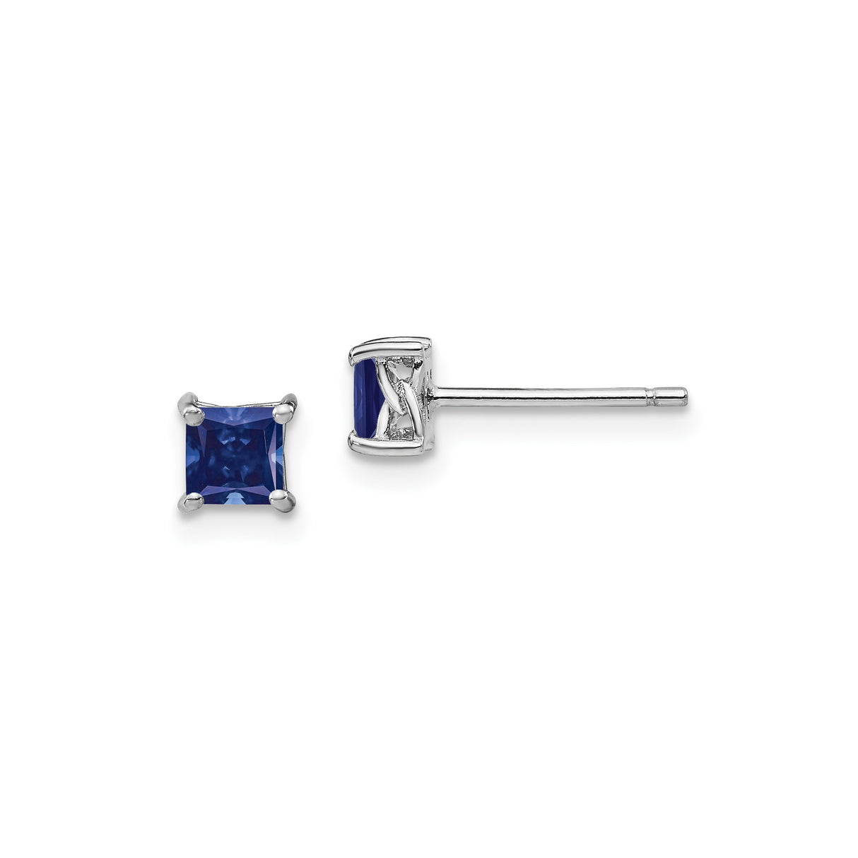 Sterling Silver Stud Earrings with Square Cut Created Sapphire, Princess Style