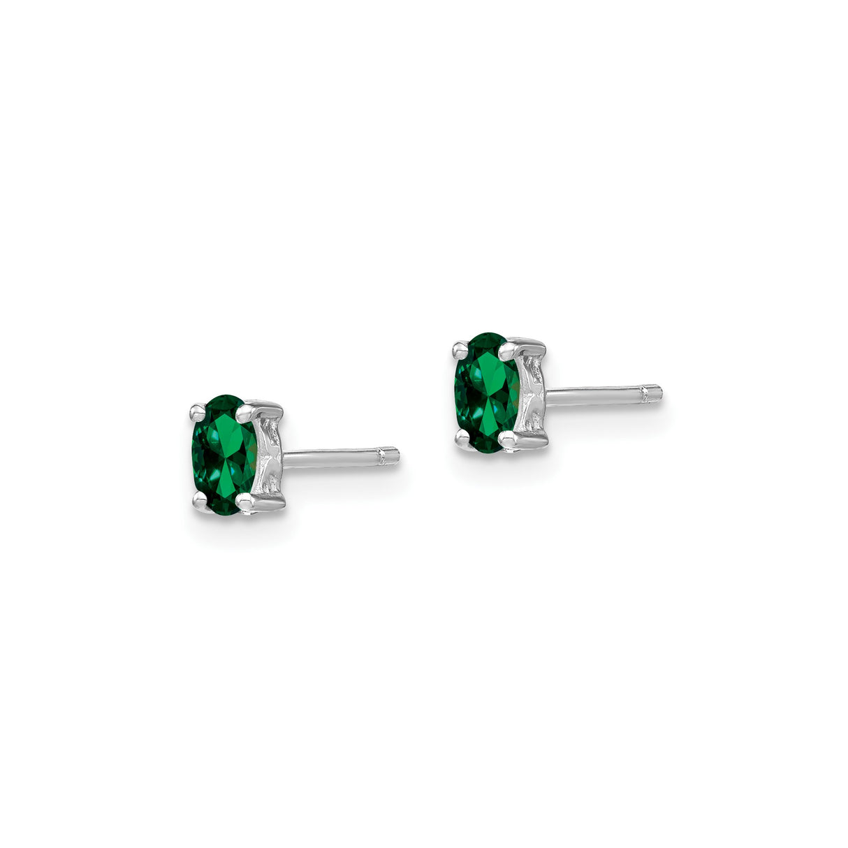 Sterling Silver Stud Earrings with Created Emerald Oval Gemstone, Classic Four Prong Setting