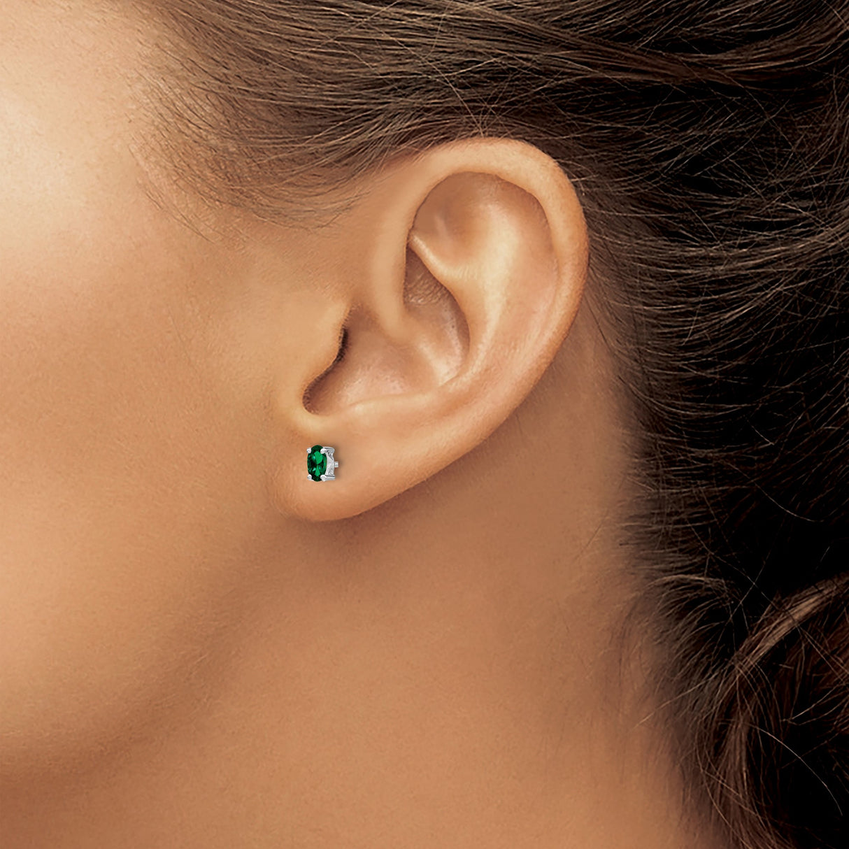 Sterling Silver Stud Earrings with Created Emerald Oval Gemstone, Classic Four Prong Setting