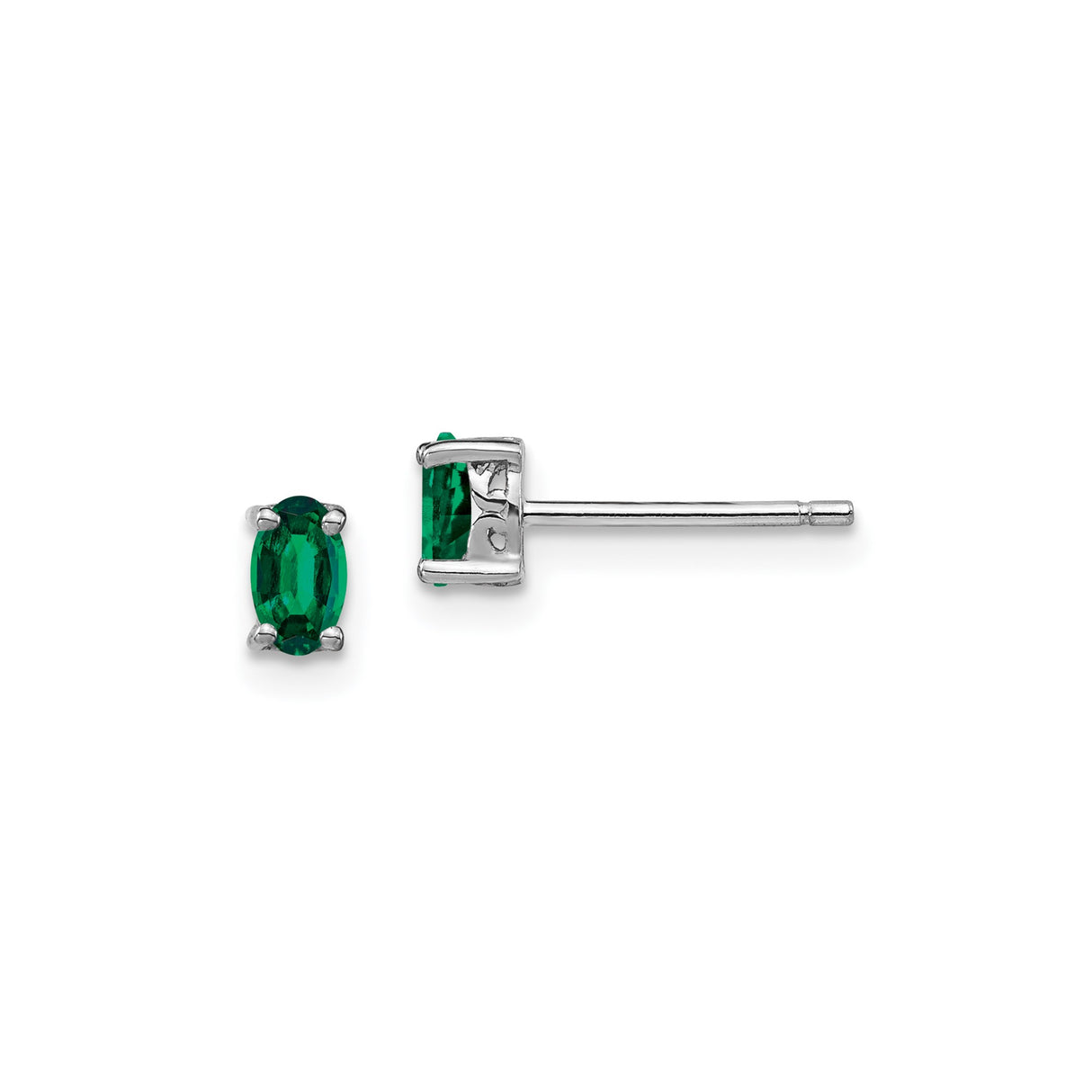 Sterling Silver Stud Earrings with Created Emerald Oval Gemstone, Classic Four Prong Setting