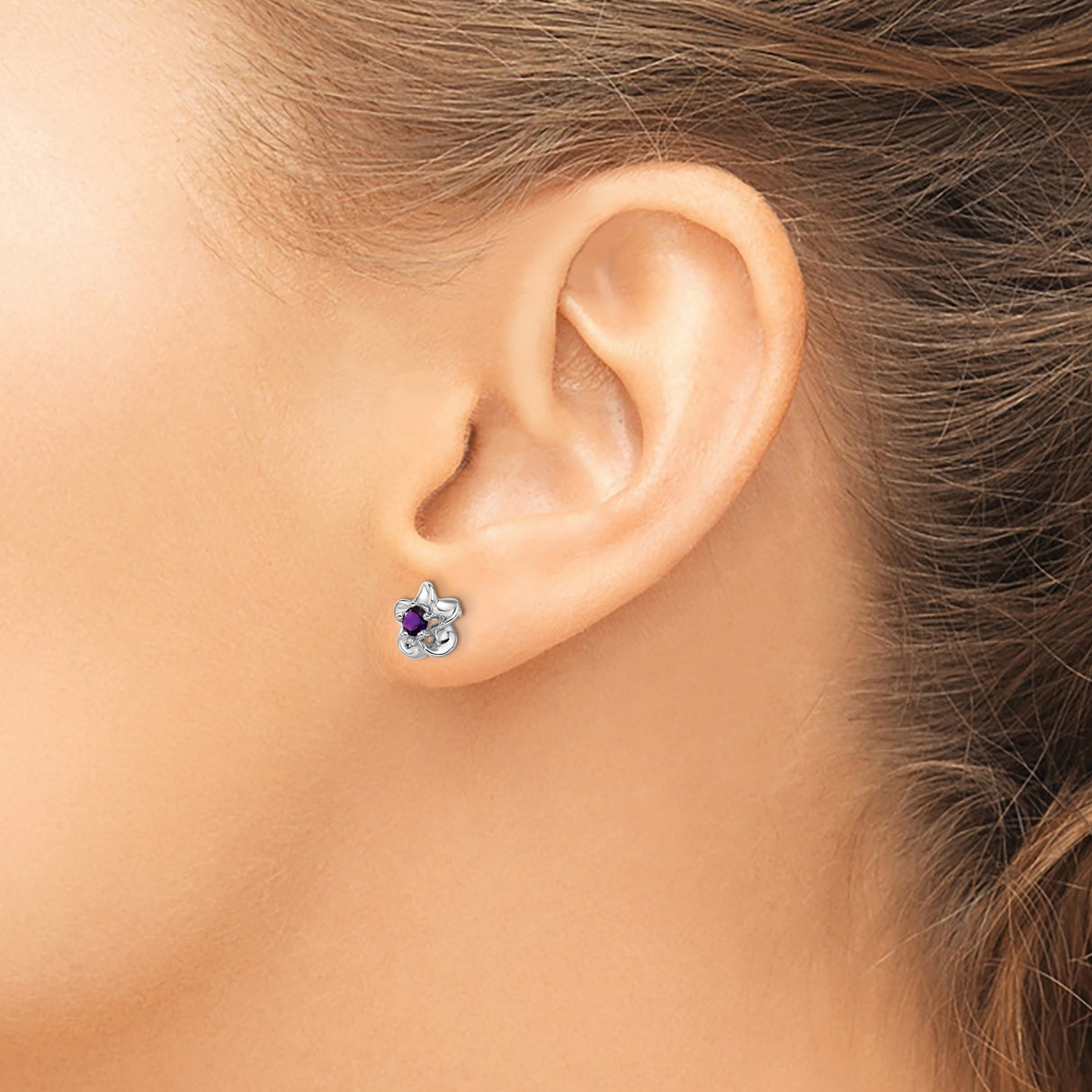 Sterling Silver Floral Stud Earrings with Amethyst, Twisted Open Petal Design for Women