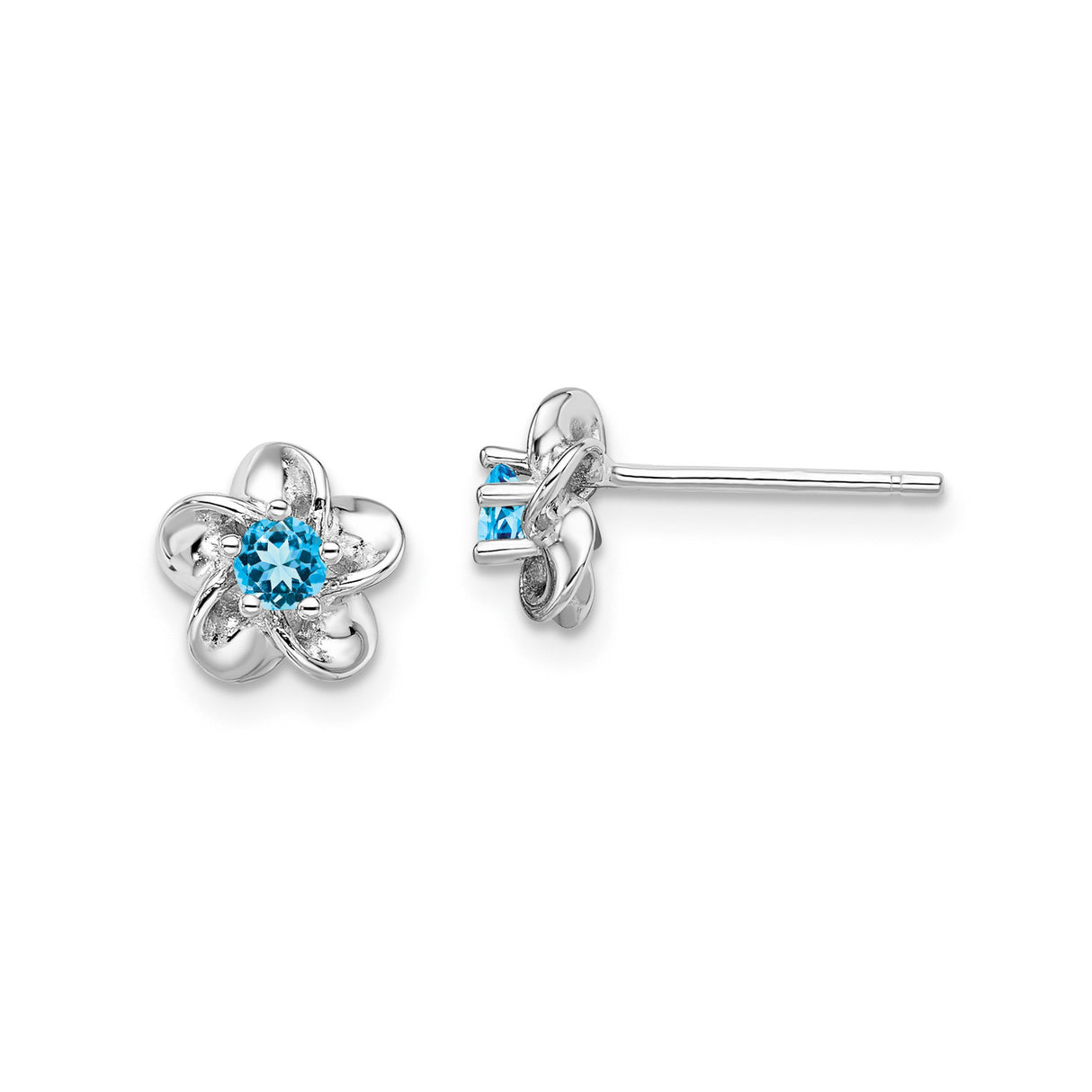 Sterling Silver Stud Earrings with Swiss Blue Topaz, Floral Design for Women