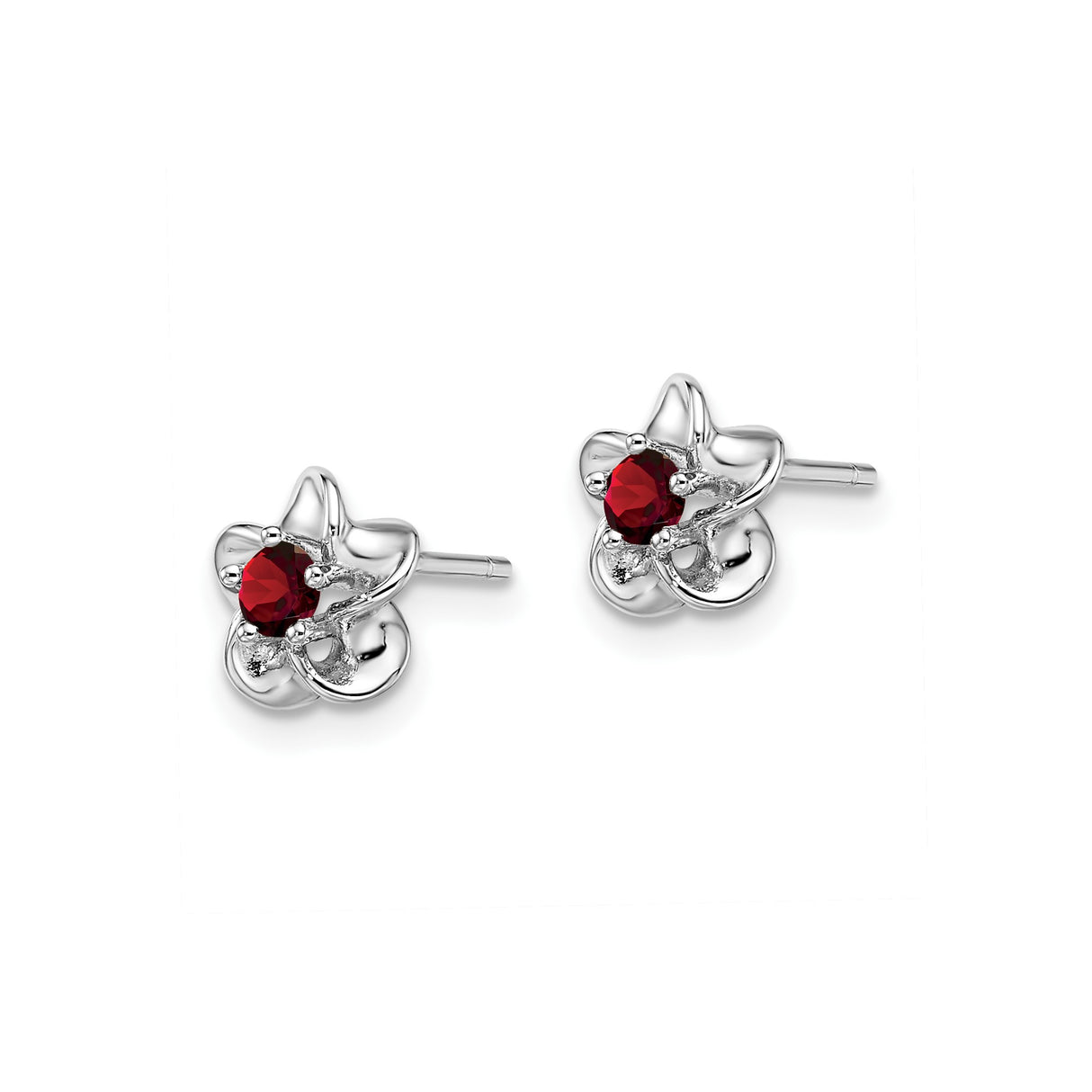 Sterling Silver Flower Stud Earrings with Garnet Center, Open Petal Design for Women