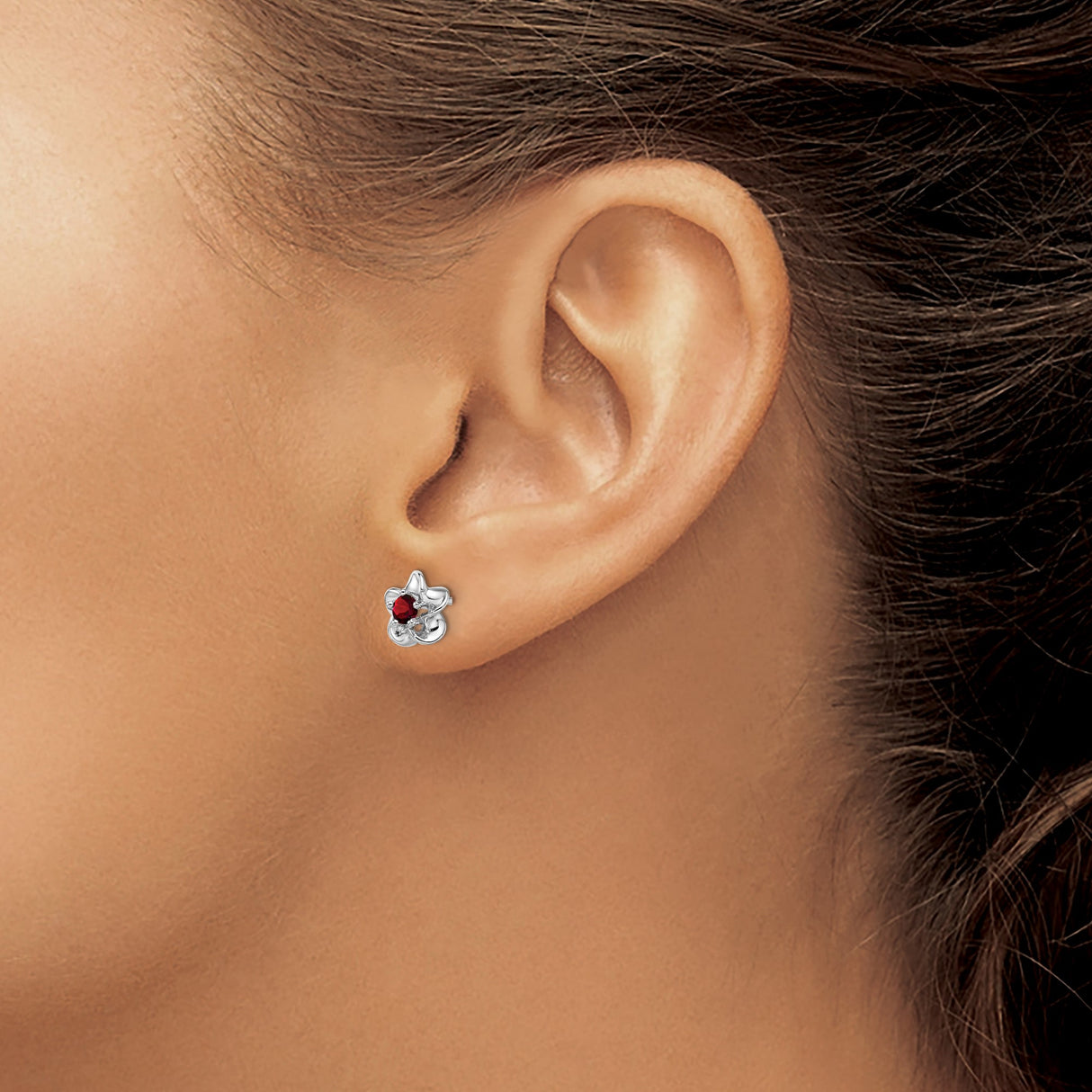 Sterling Silver Flower Stud Earrings with Garnet Center, Open Petal Design for Women