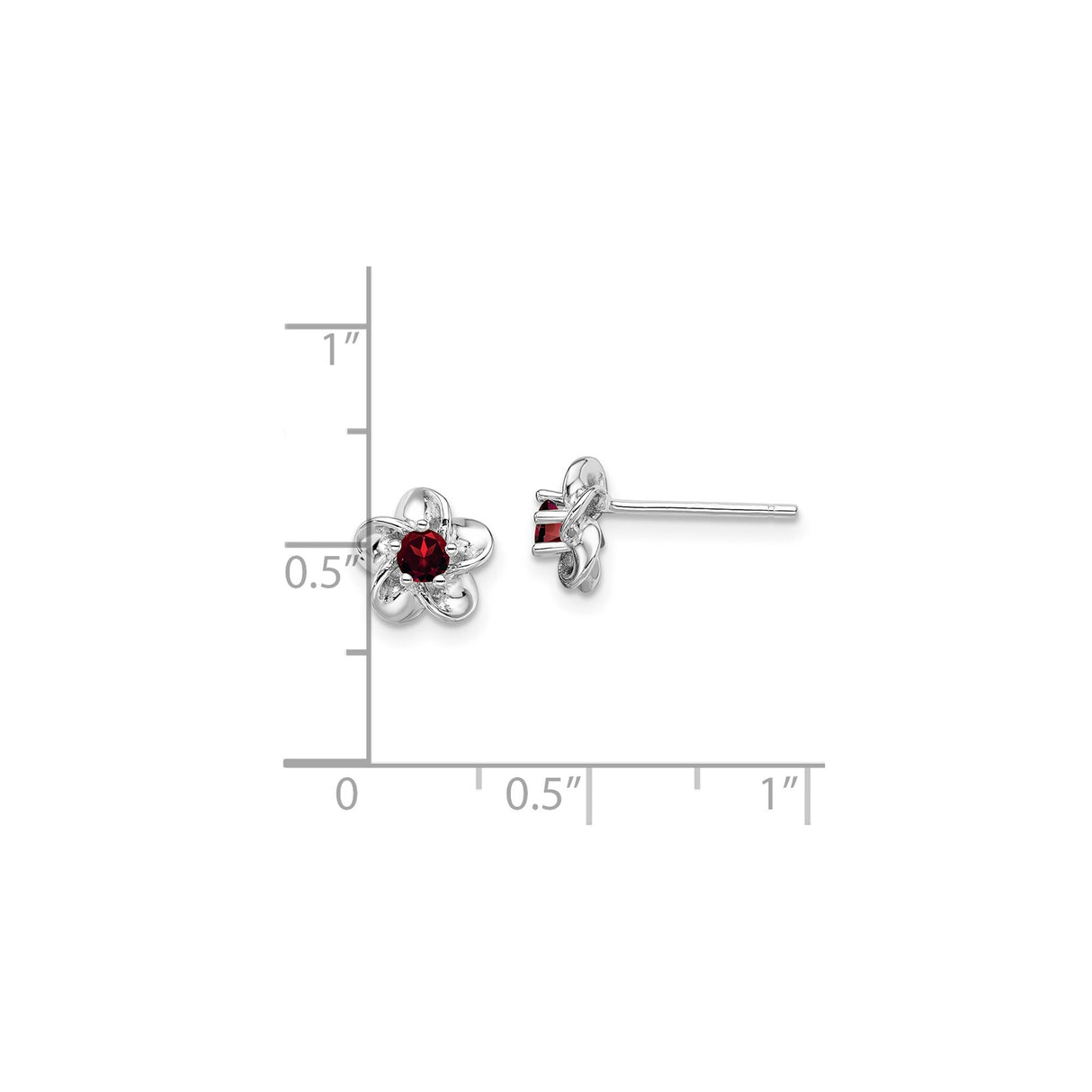 Sterling Silver Flower Stud Earrings with Garnet Center, Open Petal Design for Women