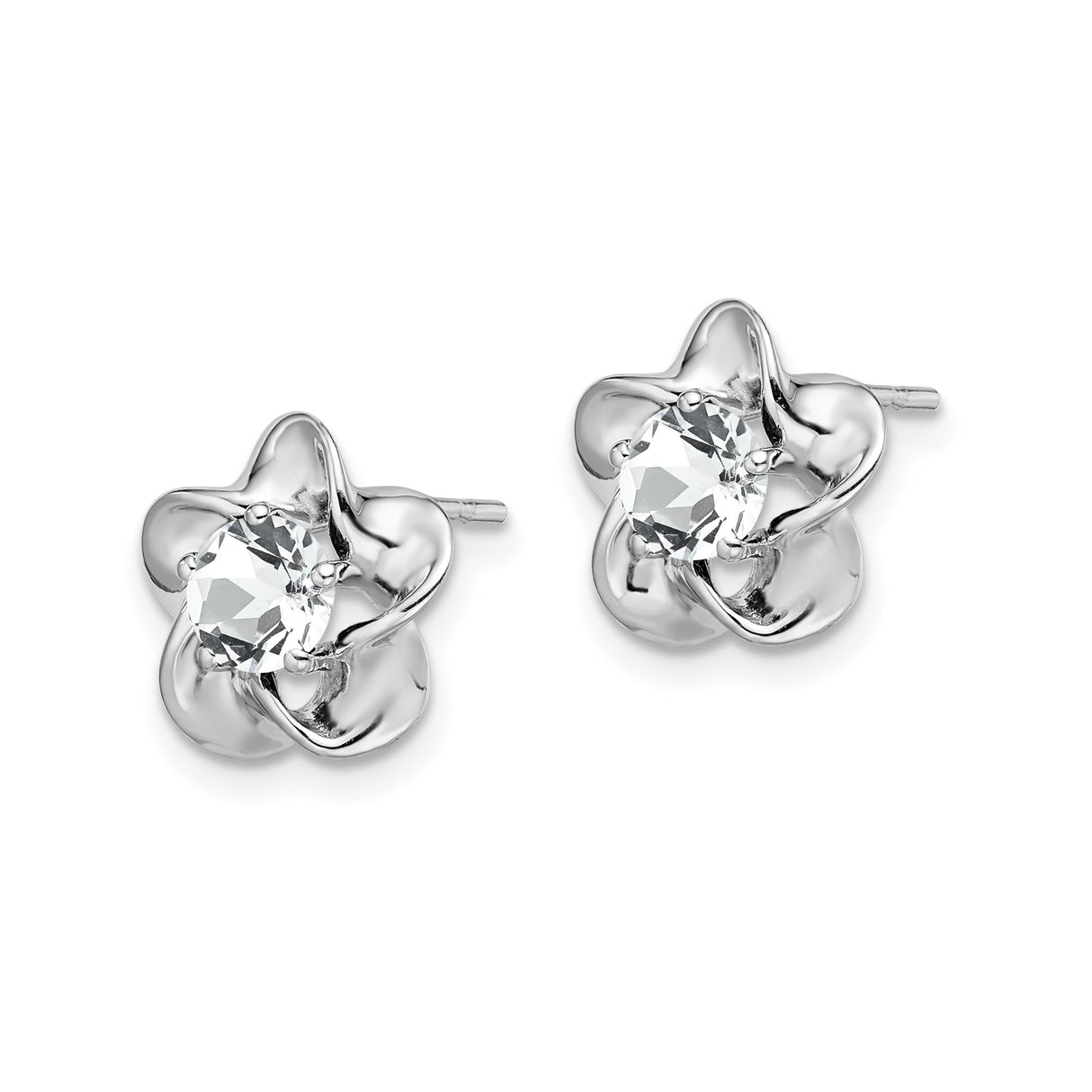 Sterling Silver Flower Stud Earrings with White Topaz, Polished Floral Loop Design