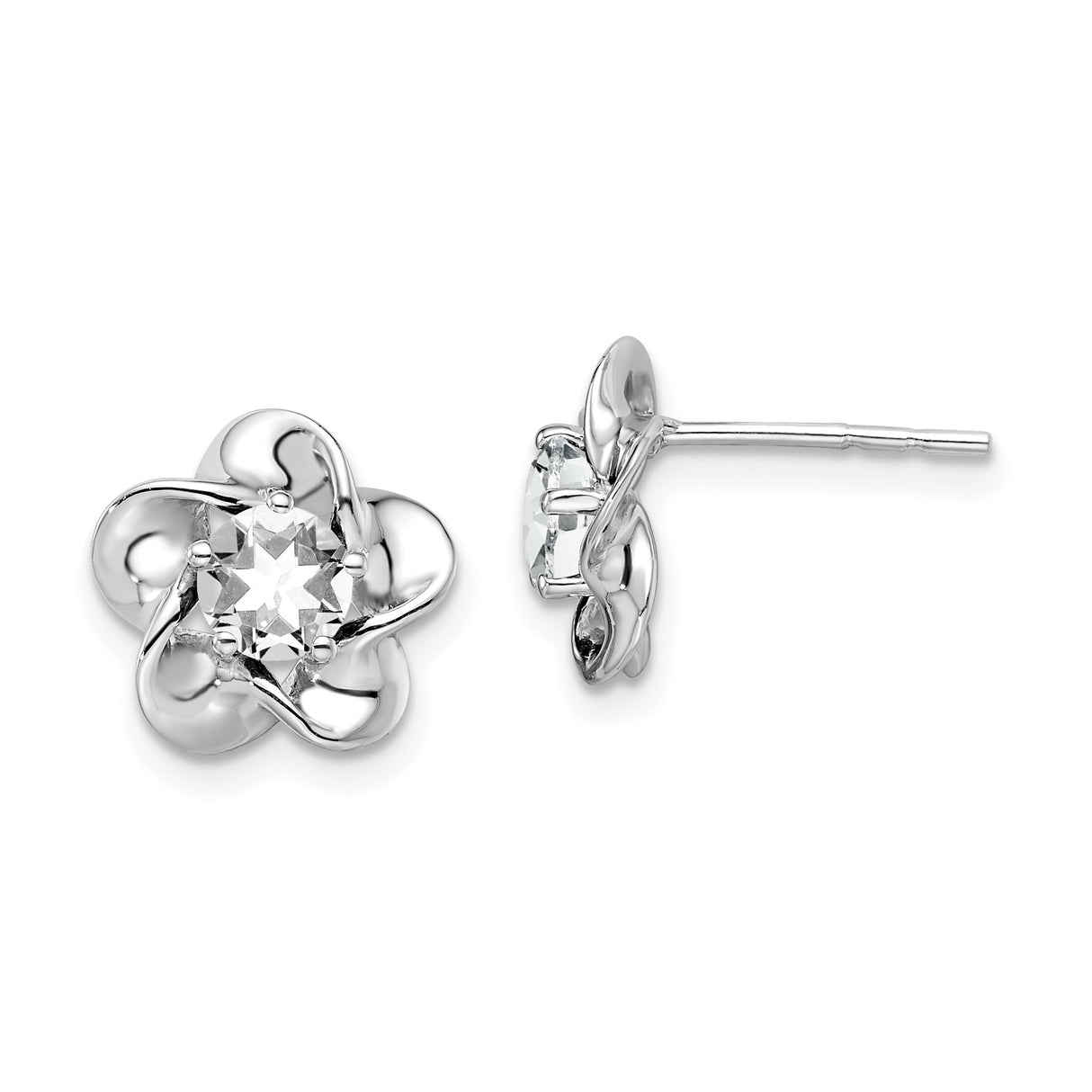 Sterling Silver Flower Stud Earrings with White Topaz, Polished Floral Loop Design