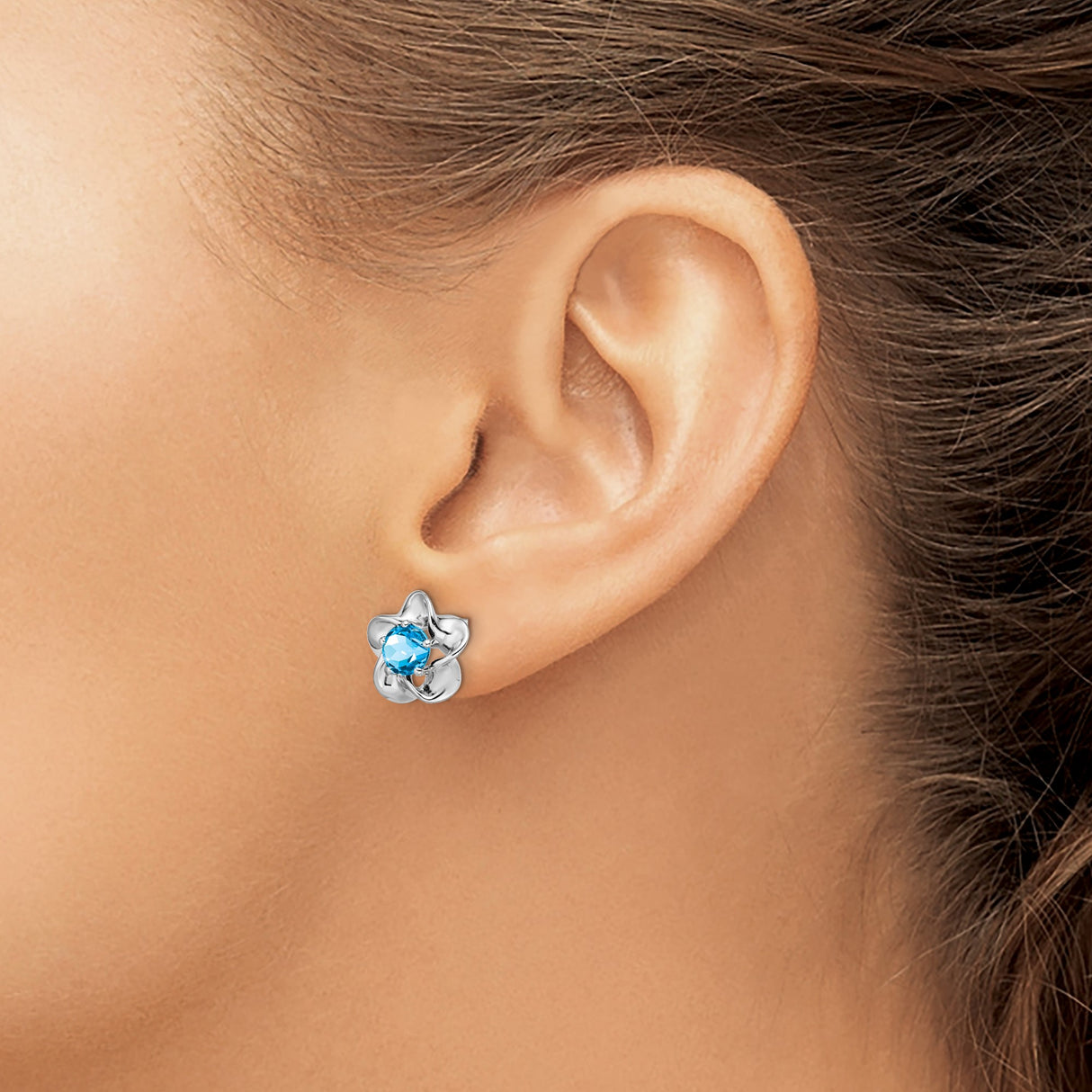 Sterling Silver Floral Stud Earrings with Swiss Blue Topaz Gemstone