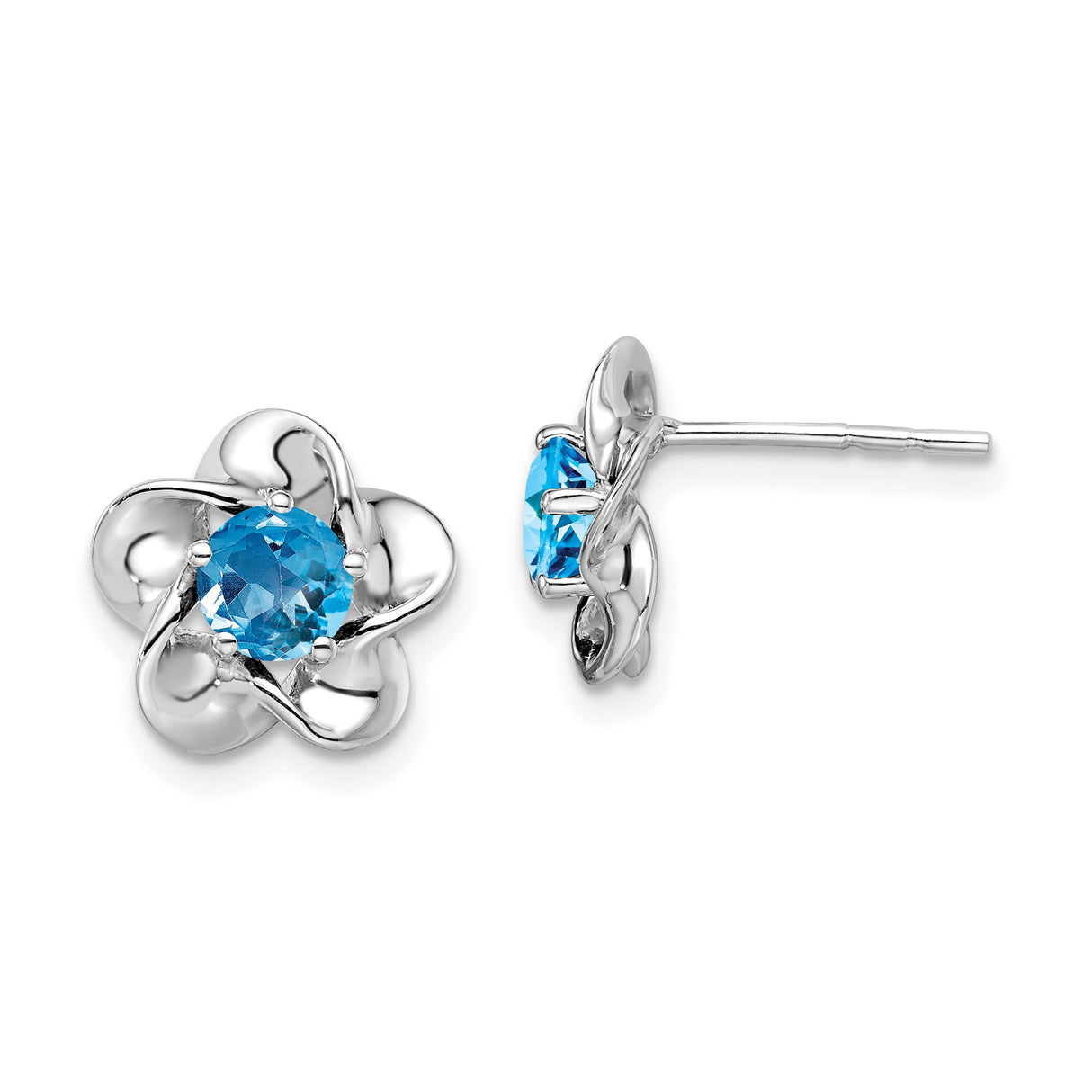 Sterling Silver Floral Stud Earrings with Swiss Blue Topaz Gemstone
