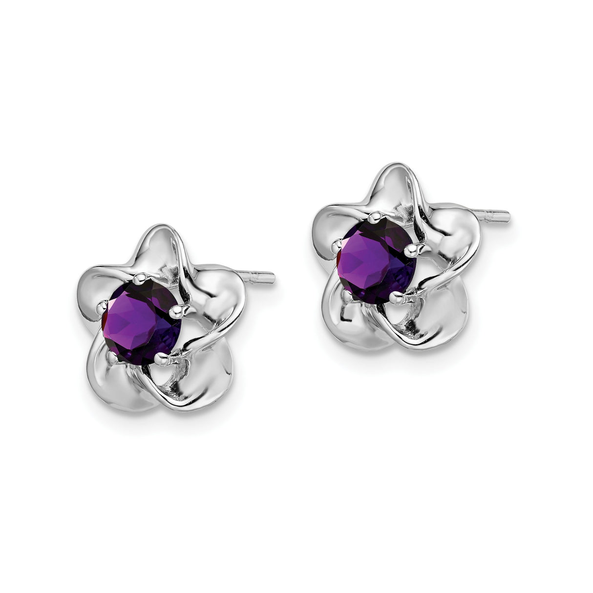 Sterling Silver Flower Stud Earrings with Amethyst Gemstone and Petal Design for Women
