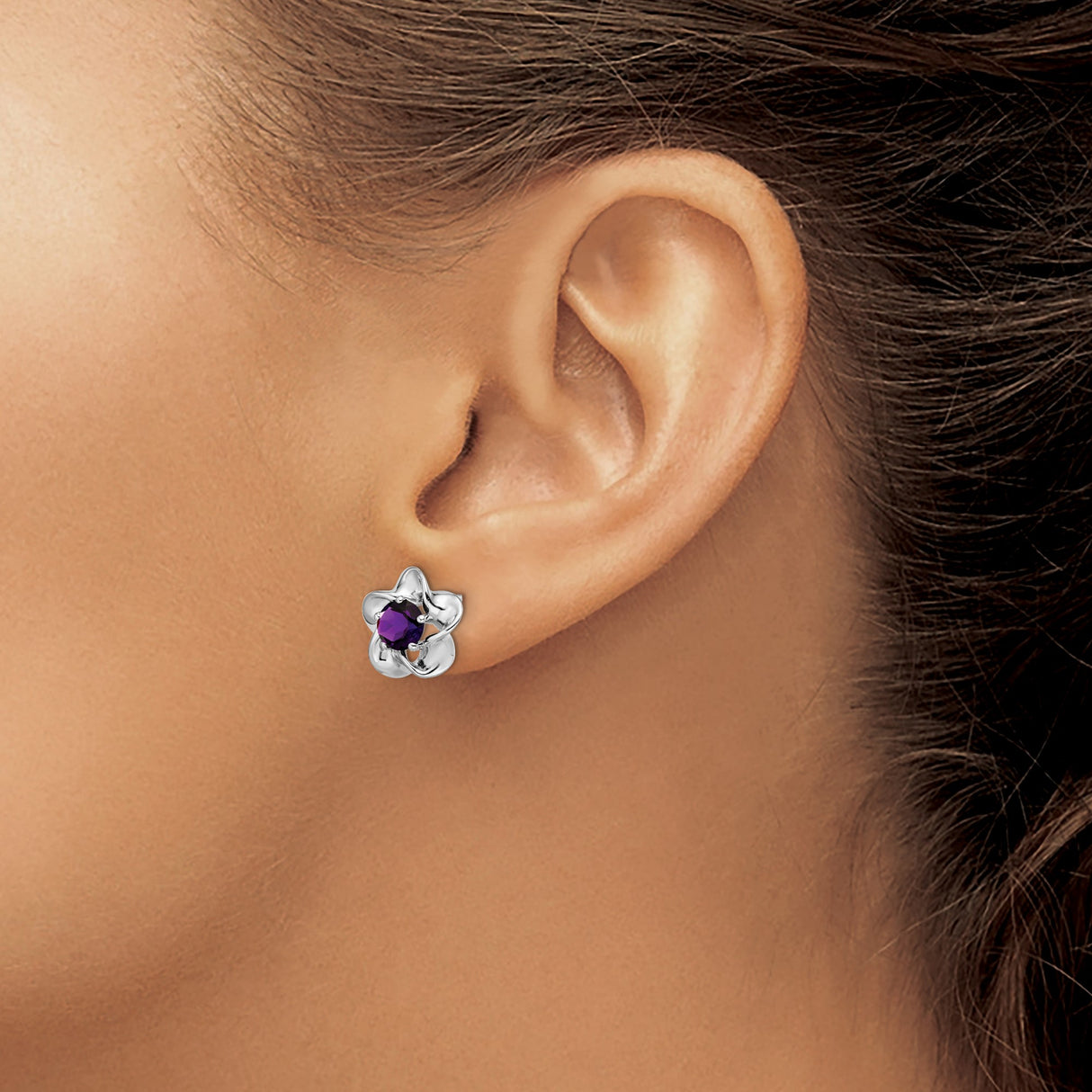 Sterling Silver Flower Stud Earrings with Amethyst Gemstone and Petal Design for Women