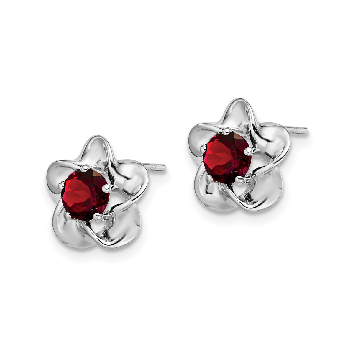 Sterling Silver Flower Stud Earrings with Garnet Center, Romantic Floral Design