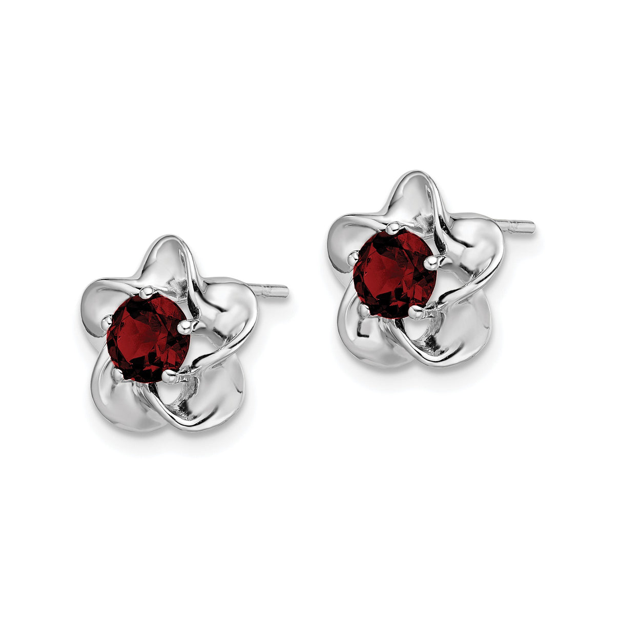 Sterling Silver Floral Stud Earrings with Created Ruby, Petal Design, July Birthstone Jewelry