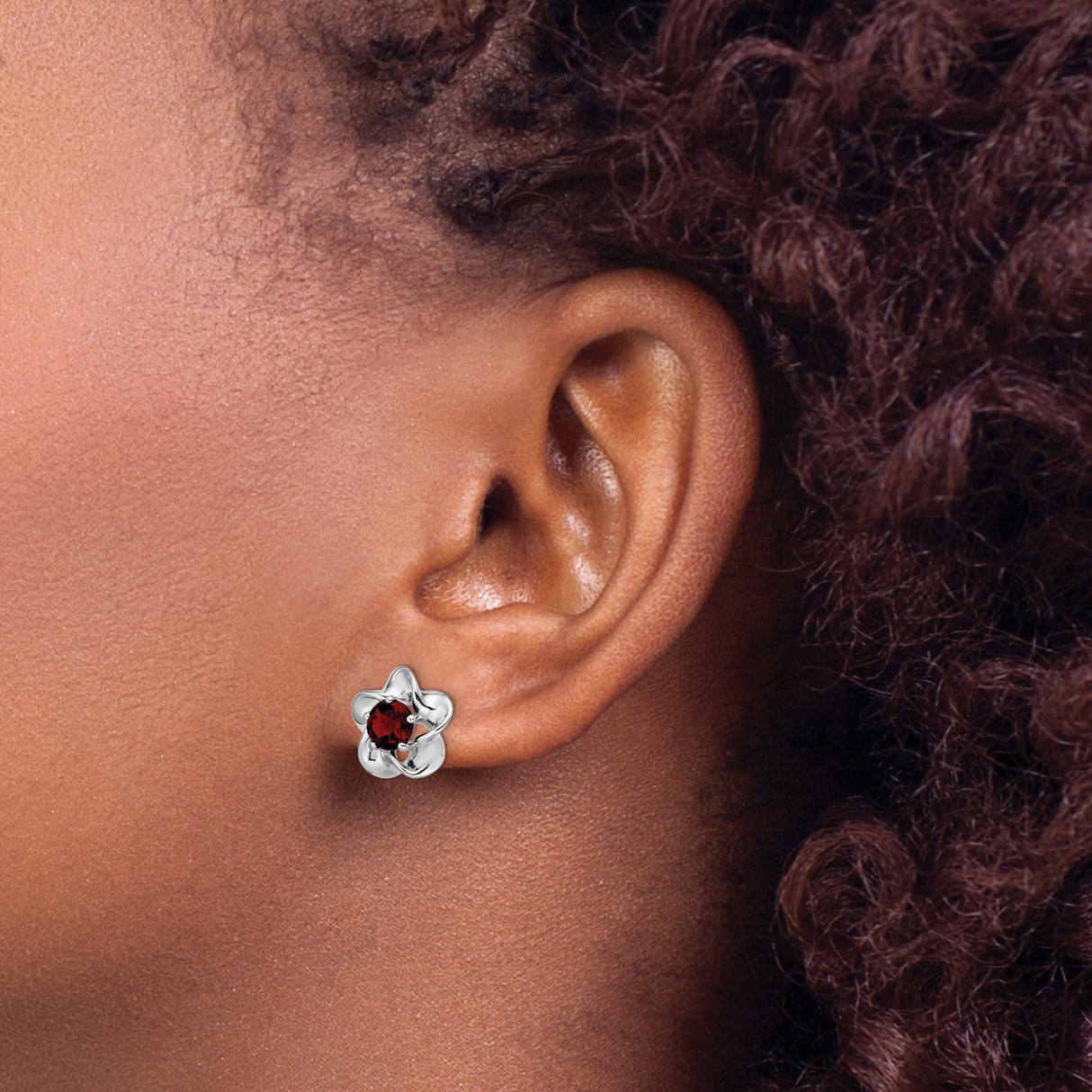 Sterling Silver Floral Stud Earrings with Created Ruby, Petal Design, July Birthstone Jewelry