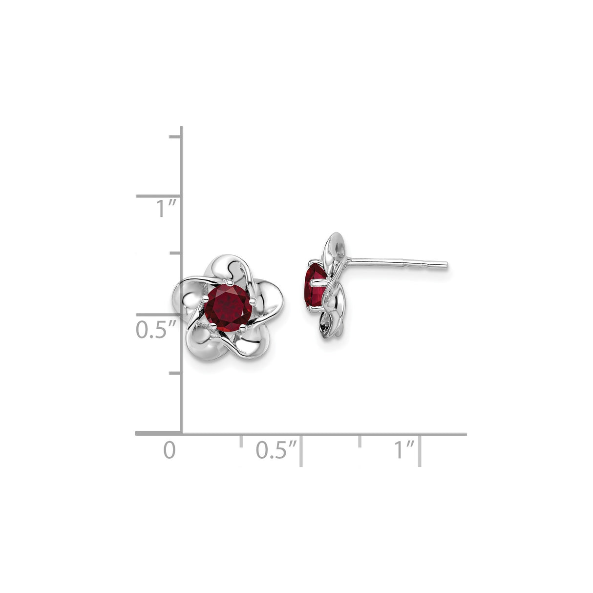 Sterling Silver Floral Stud Earrings with Created Ruby, Petal Design, July Birthstone Jewelry