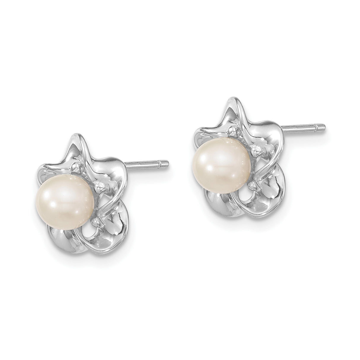 Sterling Silver Pearl Stud Earrings with White Cultured Pearl, Floral Motif Design for Women
