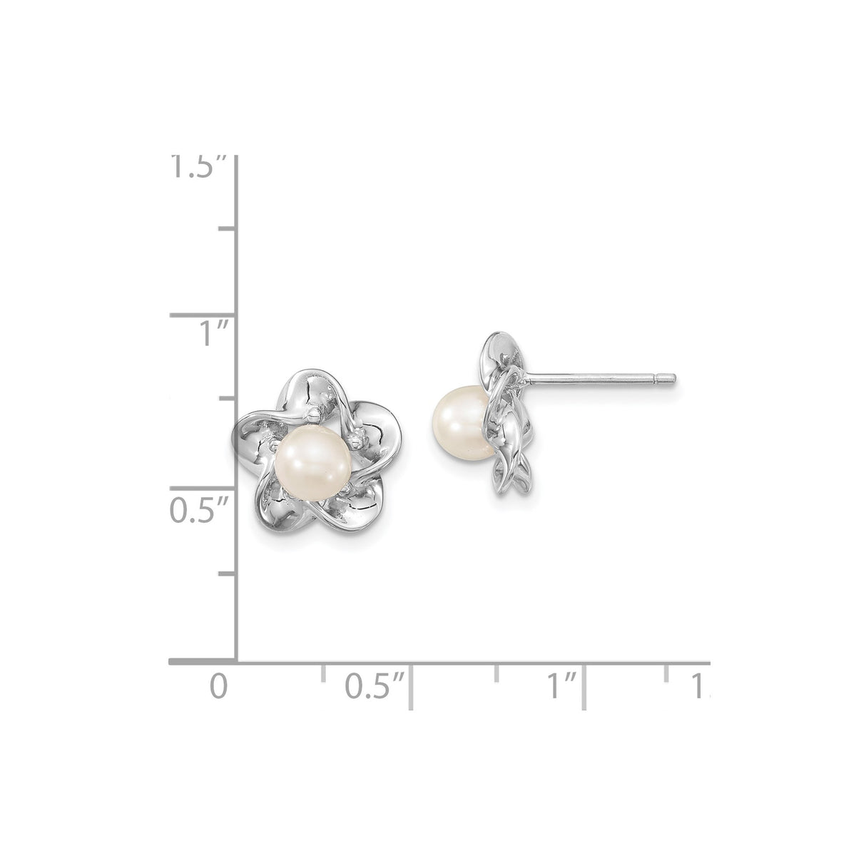 Sterling Silver Pearl Stud Earrings with White Cultured Pearl, Floral Motif Design for Women