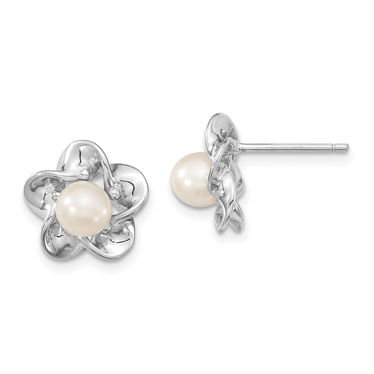 Sterling Silver Pearl Stud Earrings with White Cultured Pearl, Floral Motif Design for Women