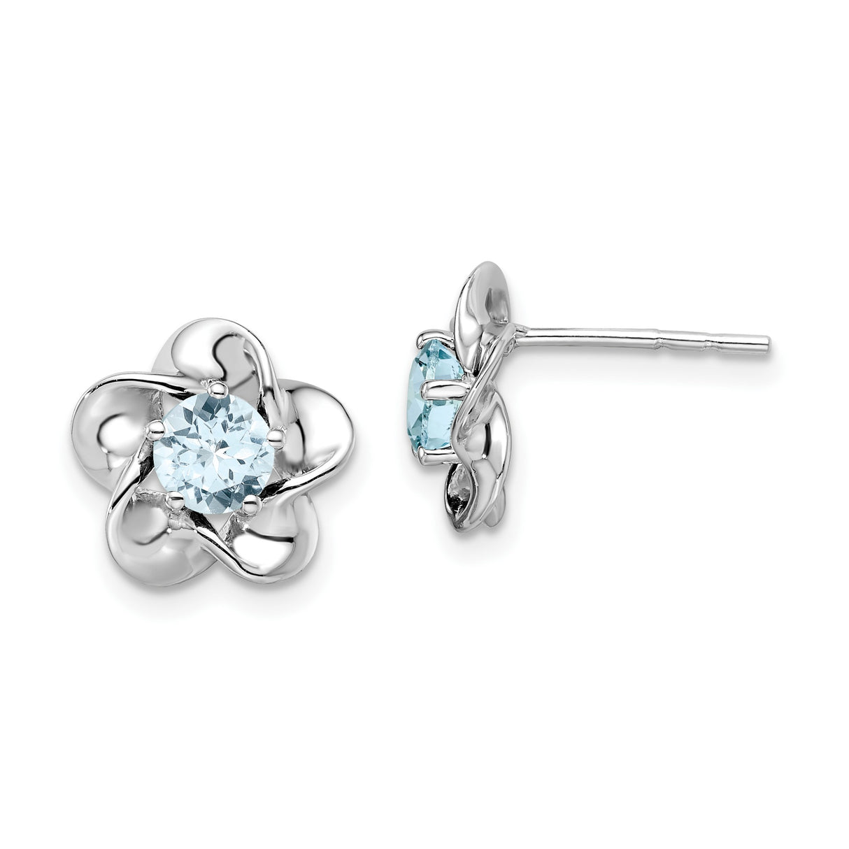 Sterling Silver Flower Stud Earrings with Aquamarine Center, Dainty Feminine Design