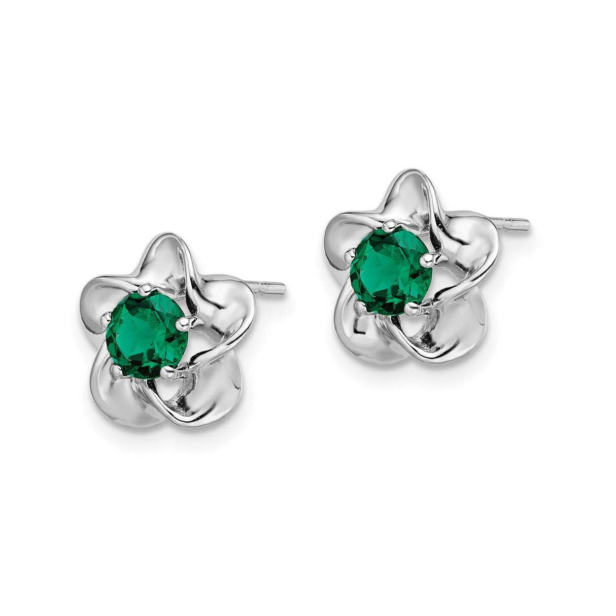 Sterling Silver Celtic Stud Earrings with Created Emerald and Floral Knot Design