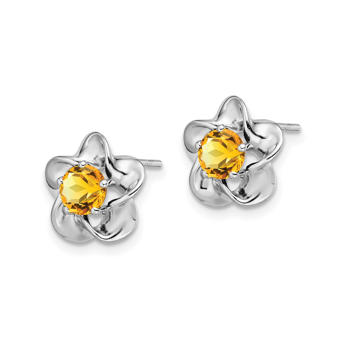 Sterling Silver Flower Stud Earrings with Citrine Center, Polished Petal Design for Women