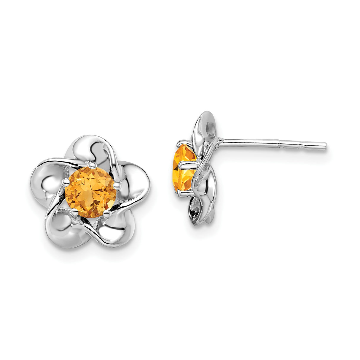 Sterling Silver Flower Stud Earrings with Citrine Center, Polished Petal Design for Women