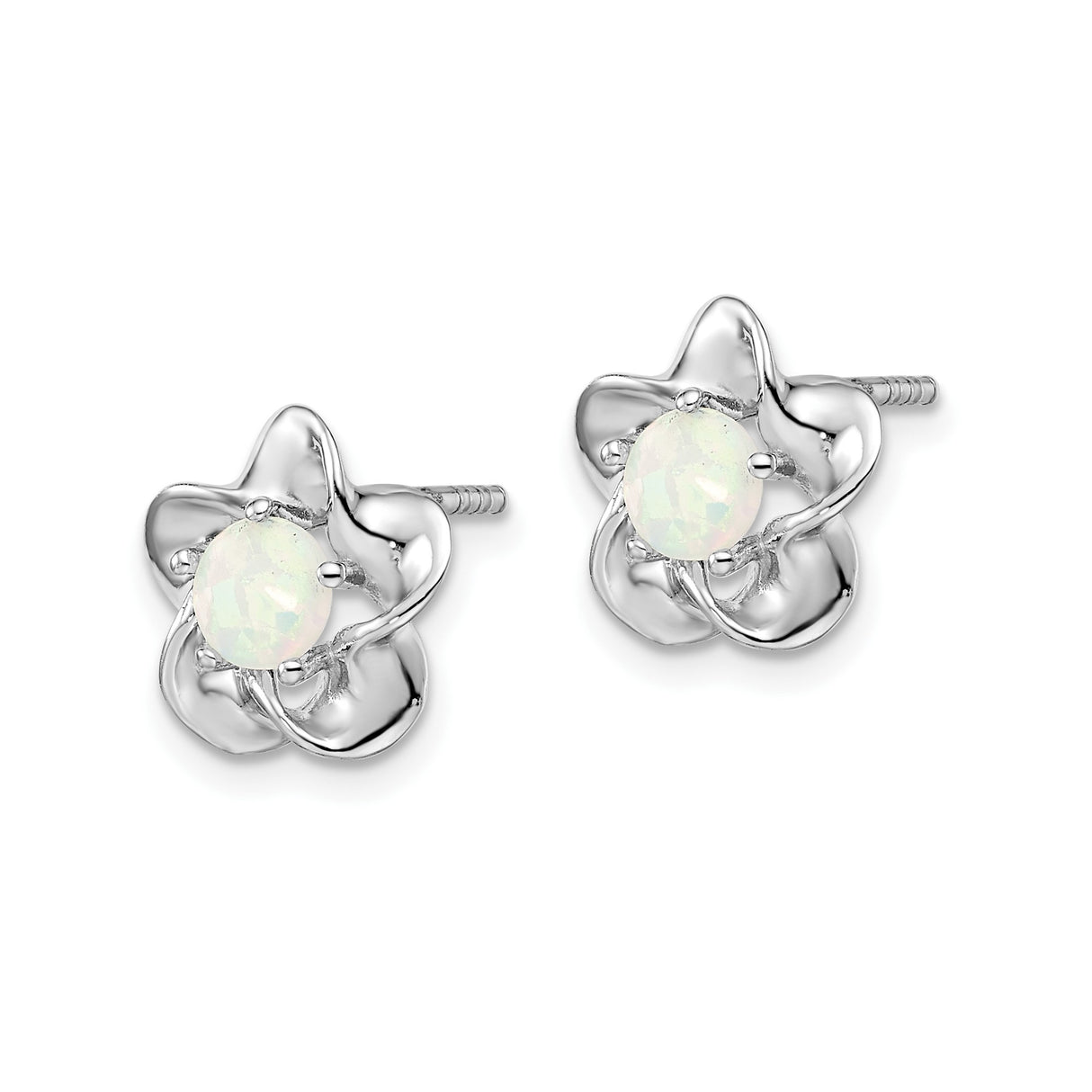 Sterling Silver Flower Stud Earrings with Created Opal Center and Polished Petal Design