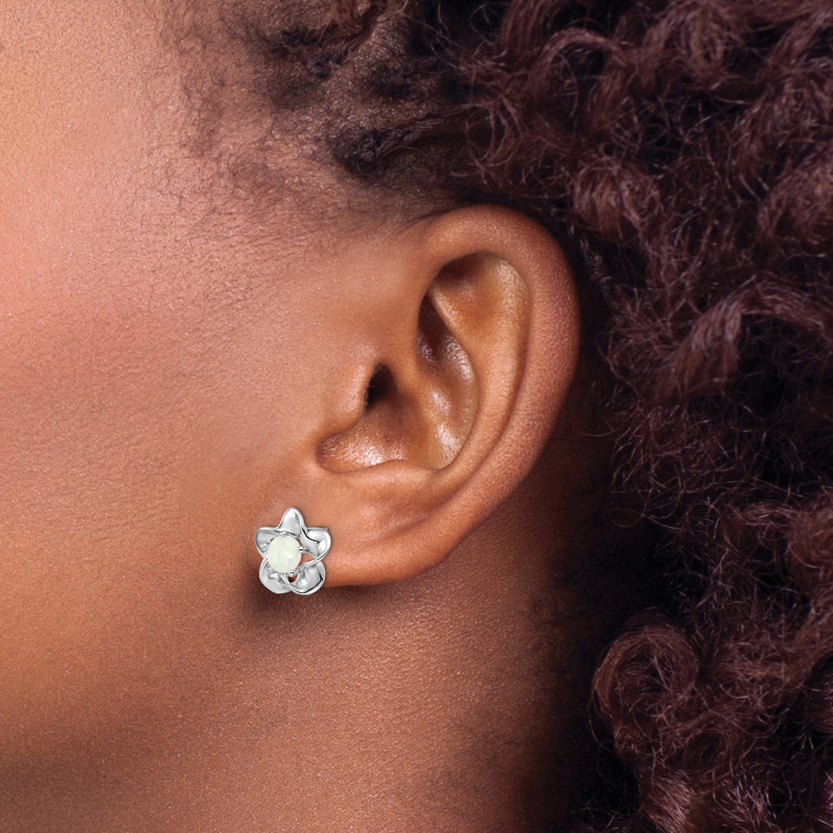 Sterling Silver Flower Stud Earrings with Created Opal Center and Polished Petal Design