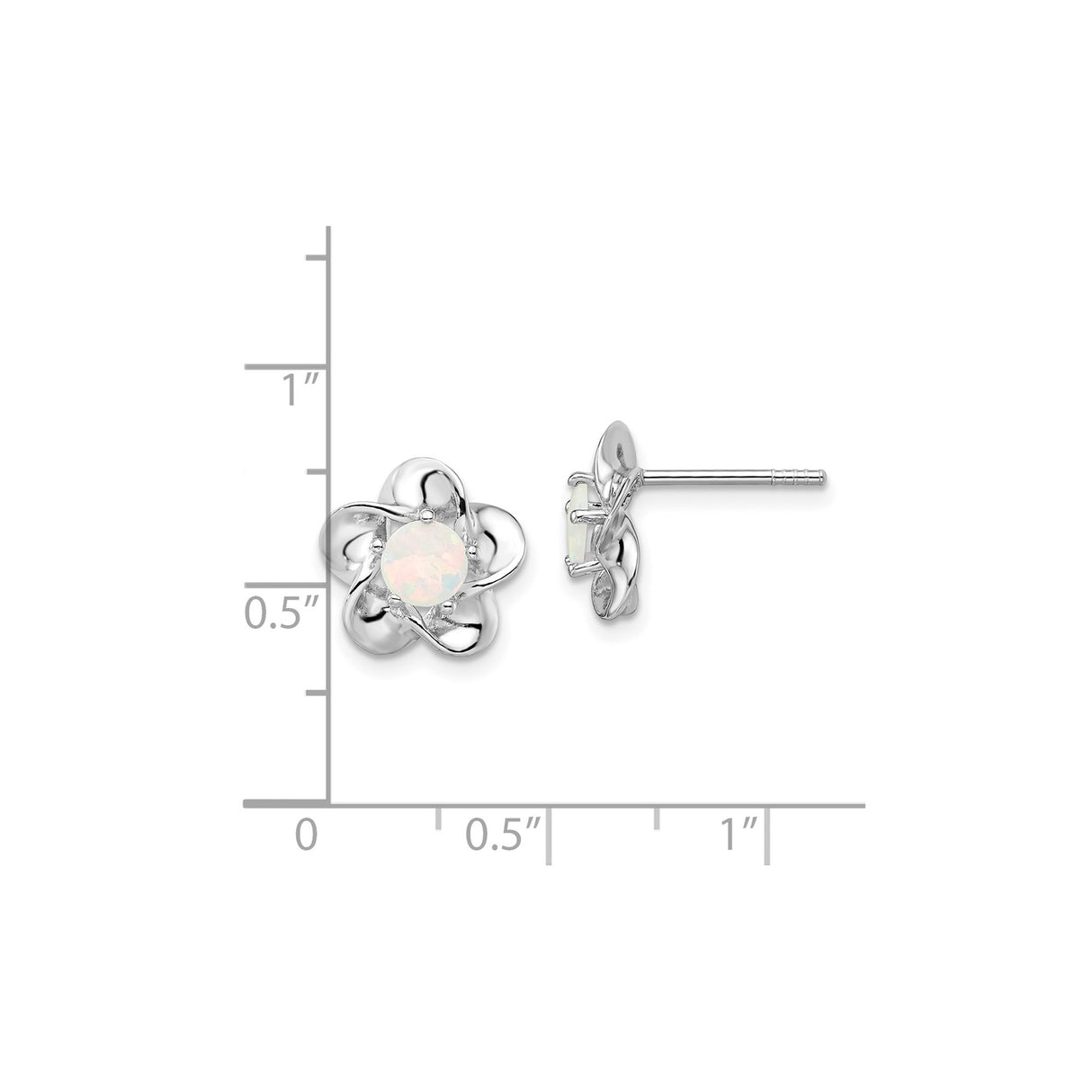 Sterling Silver Flower Stud Earrings with Created Opal Center and Polished Petal Design