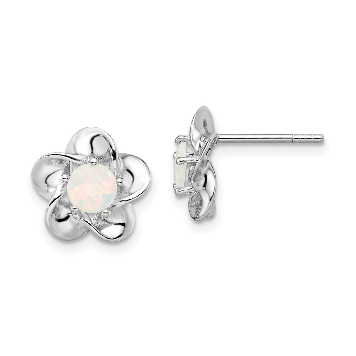 Sterling Silver Flower Stud Earrings with Created Opal Center and Polished Petal Design