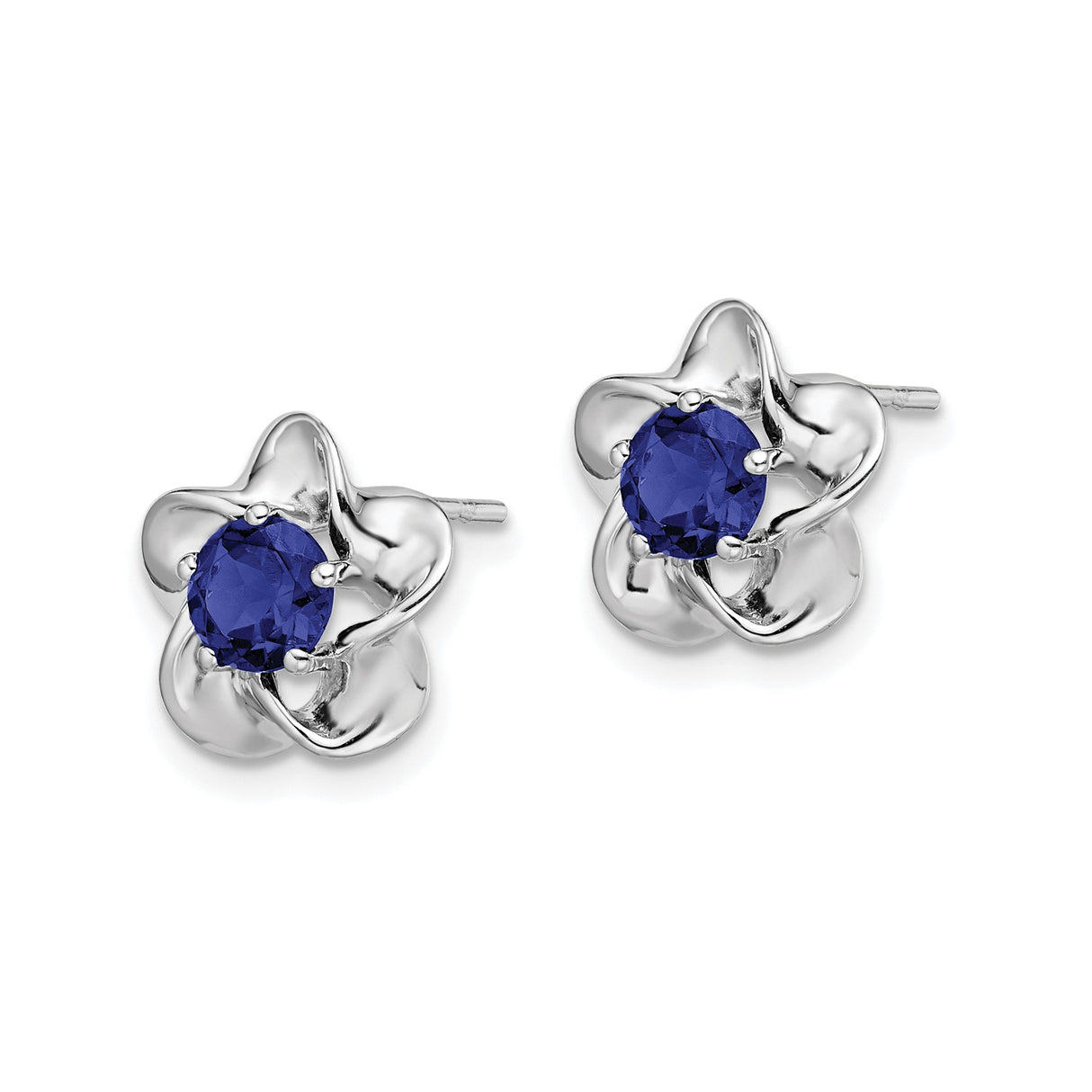 Sterling Silver Stud Earrings with Created Sapphire in Floral Petal Design, Minimalist Style