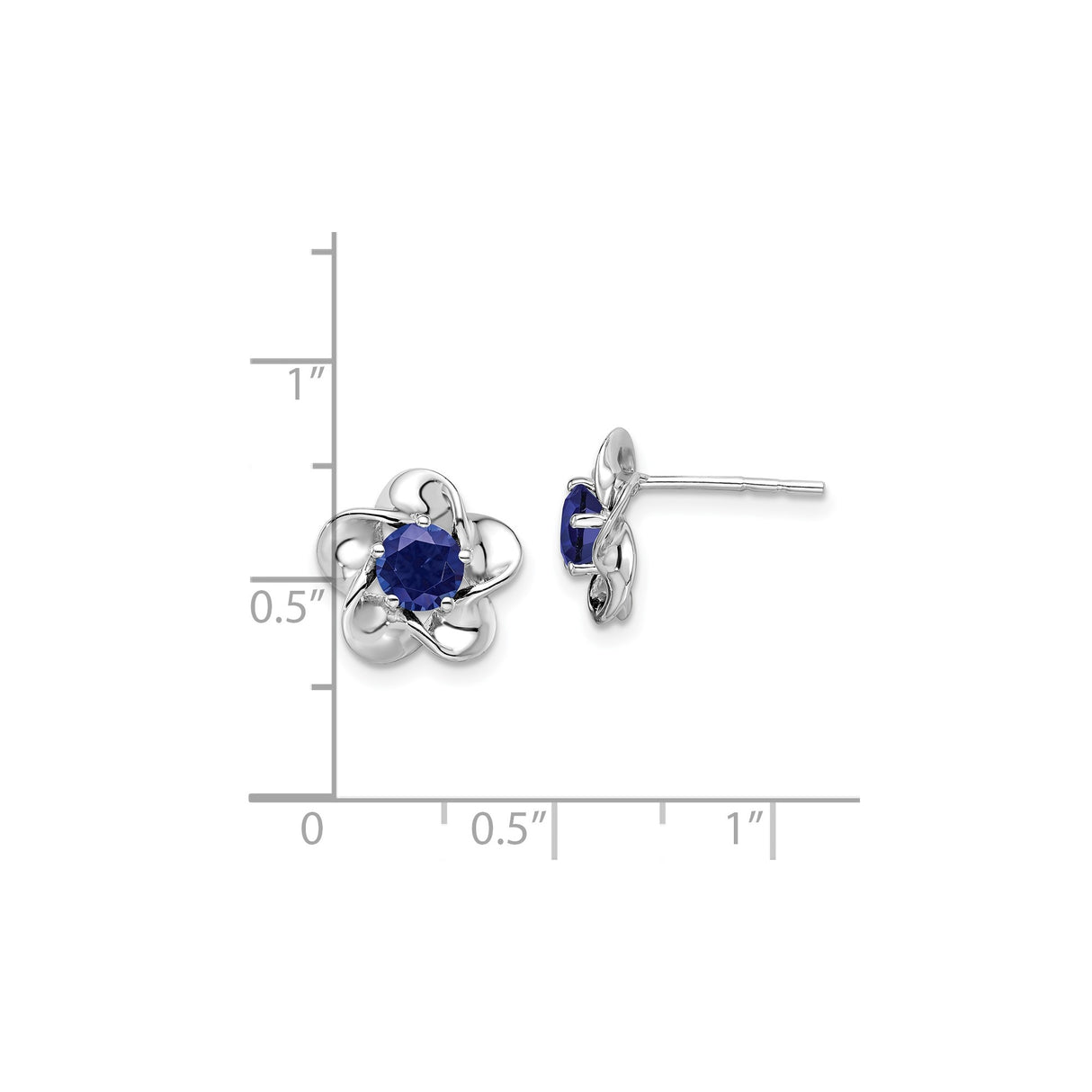 Sterling Silver Stud Earrings with Created Sapphire in Floral Petal Design, Minimalist Style