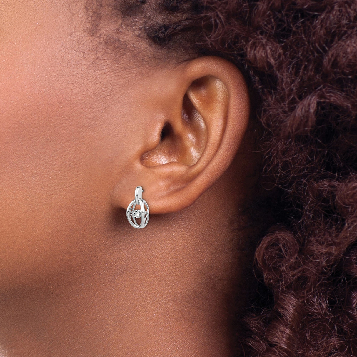 Sterling Silver Oval Drop Stud Earrings with Cubic Zirconia Center, Modern Minimalist Style