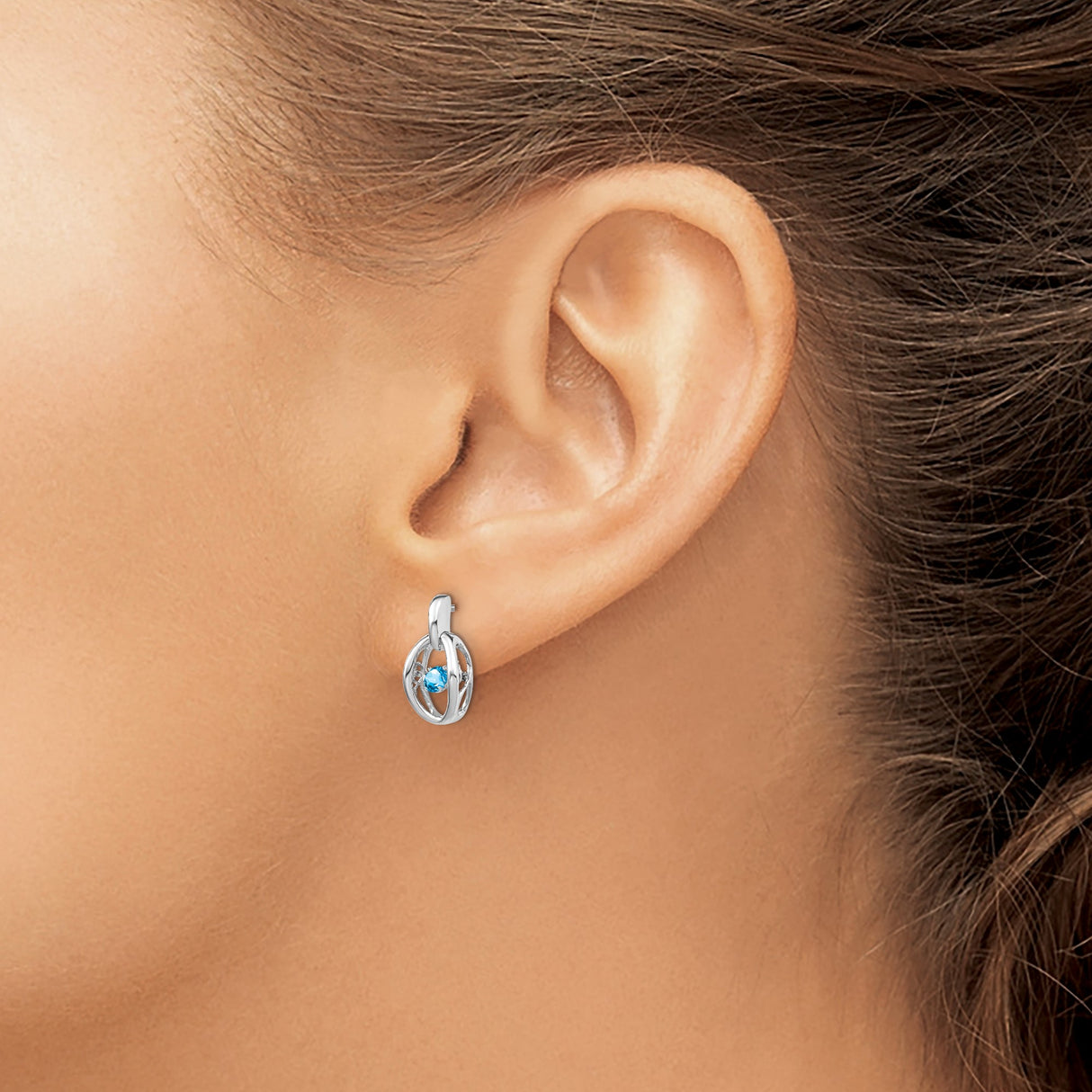 Sterling Silver Stud Earrings with Swiss Blue Topaz and Open Oval Design