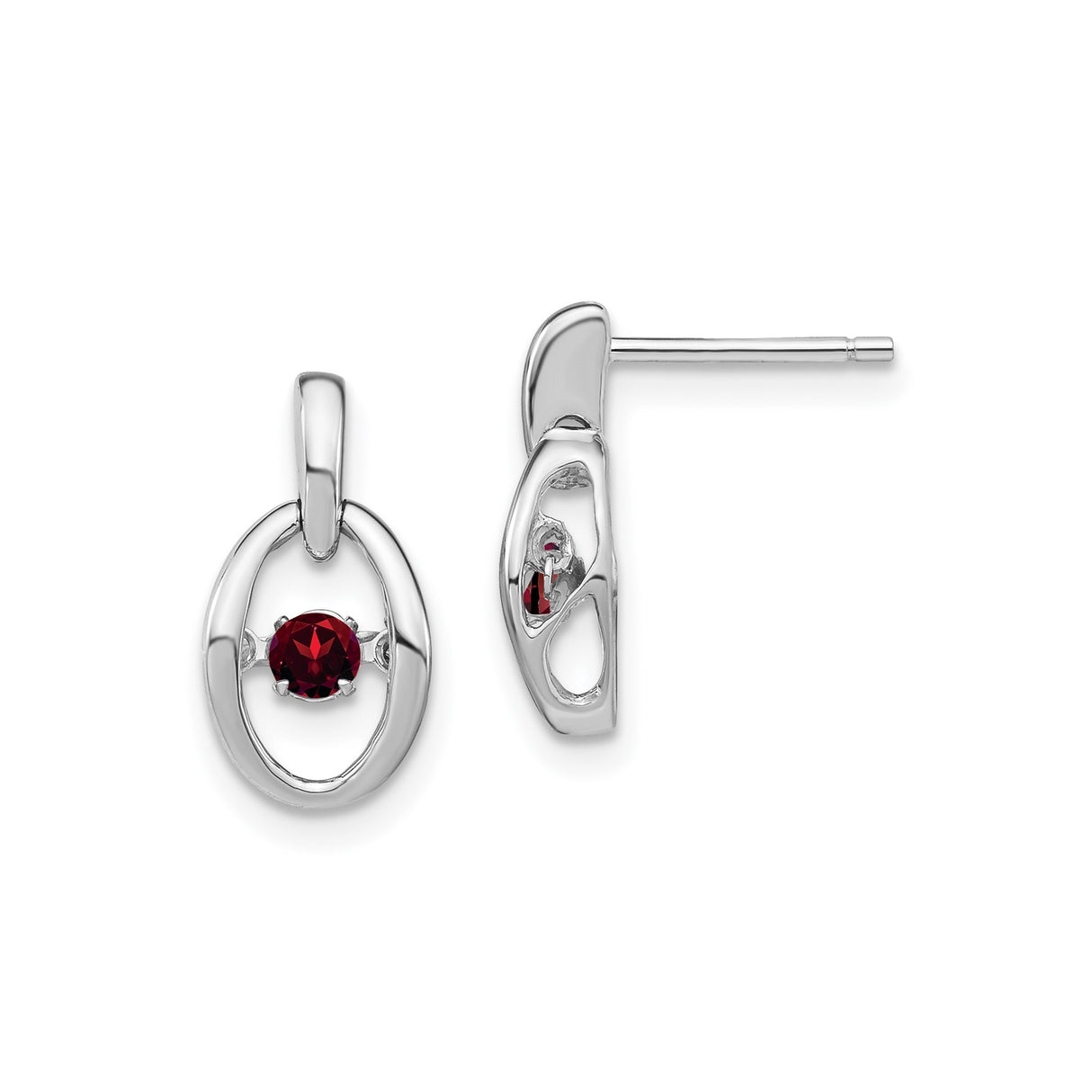 Sterling Silver Oval Earrings with Garnet, Modern Open Design Studs for Women