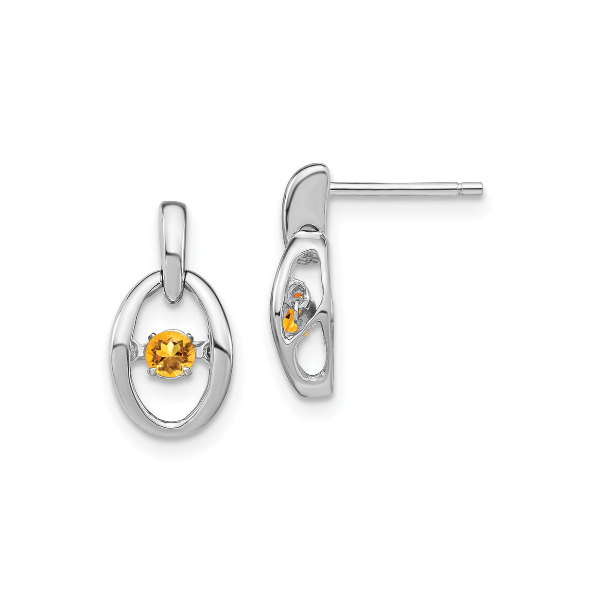 Sterling Silver Oval Stud Earrings with Citrine Gemstone Center, Lightweight Modern Design
