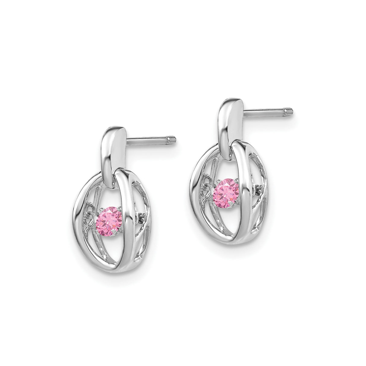 Sterling Silver Oval Stud Earrings with Vibrant Pink Cubic Zirconia in Open Frame Design
