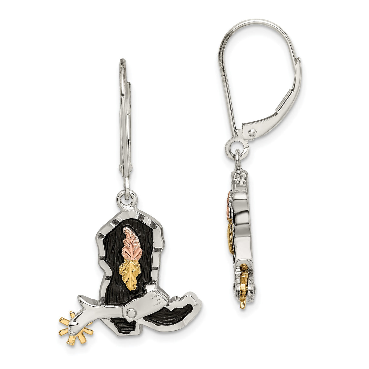 Sterling Silver Cowboy Boot Dangle Earrings with Tri-Color Leaves and Spur Detail