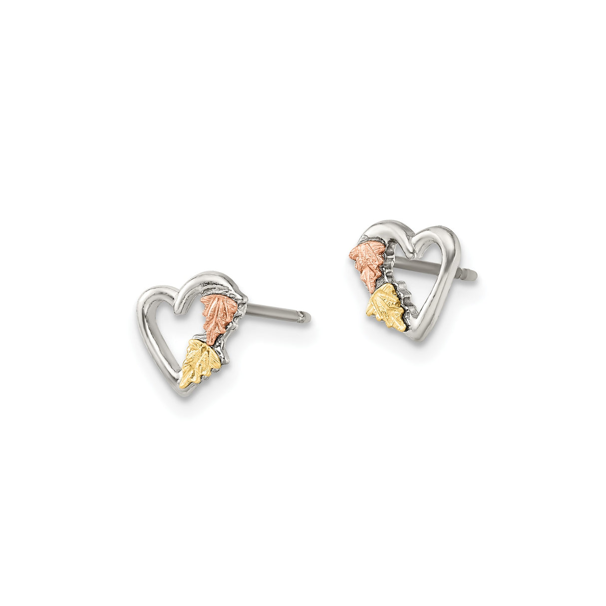 Sterling Silver Heart Stud Earrings with Tri-Color Leaf Design, Nature Inspired Jewelry for Women