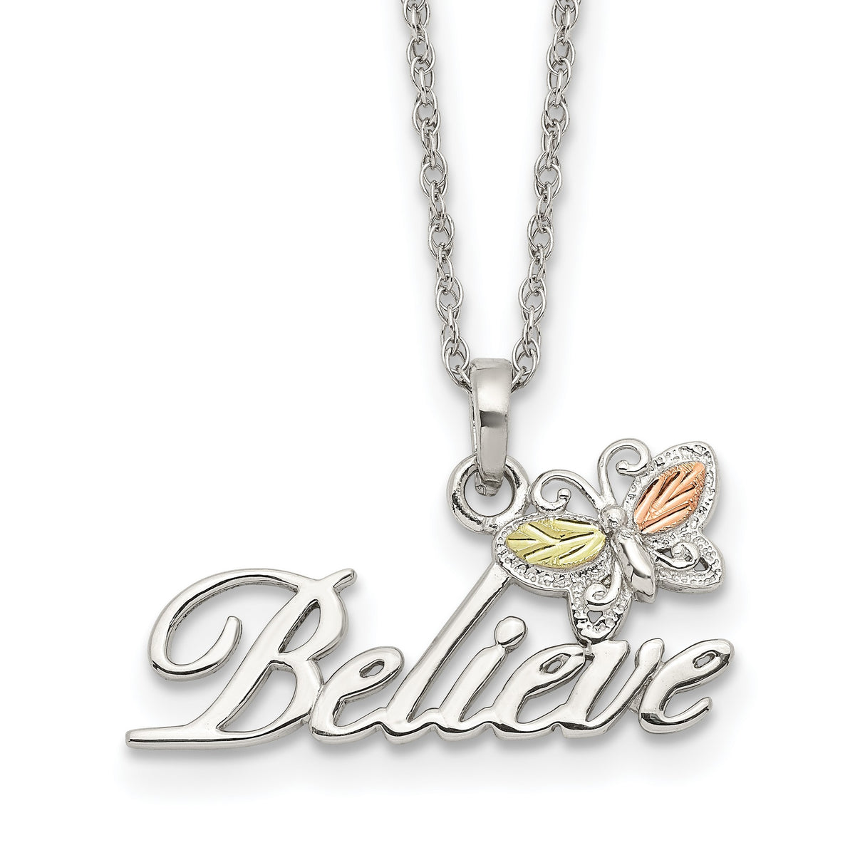 12K Butterfly Believe Necklace Charm Pendant in Real 925 Sterling Silver