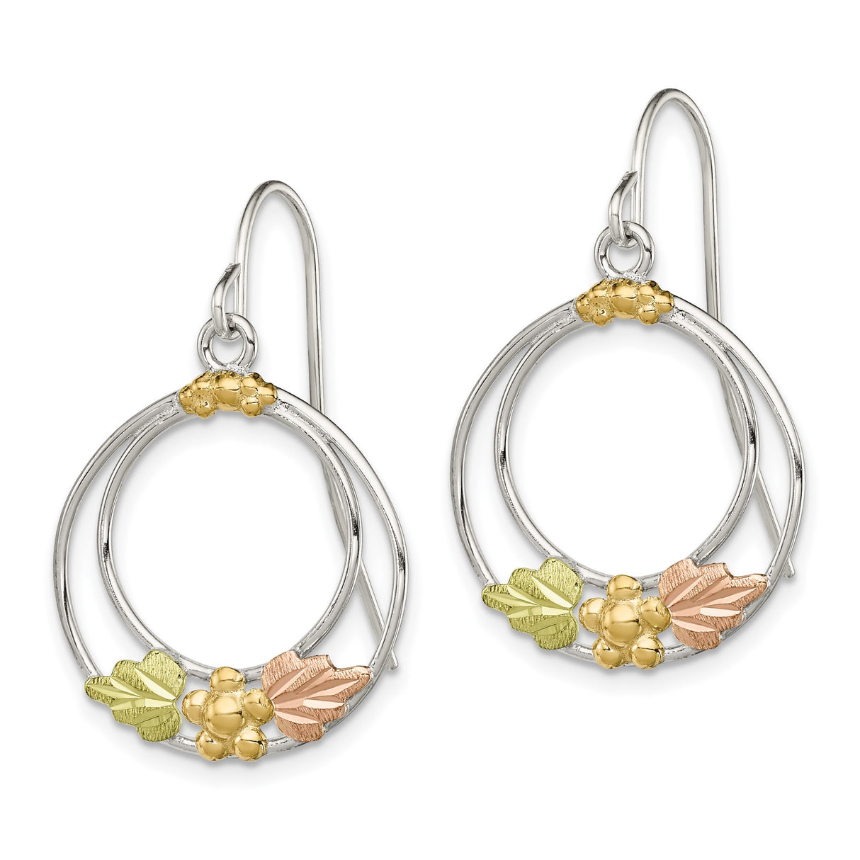 Sterling Silver Dangle Earrings with Double Circle Design and Black Hills Gold Leaf Accents
