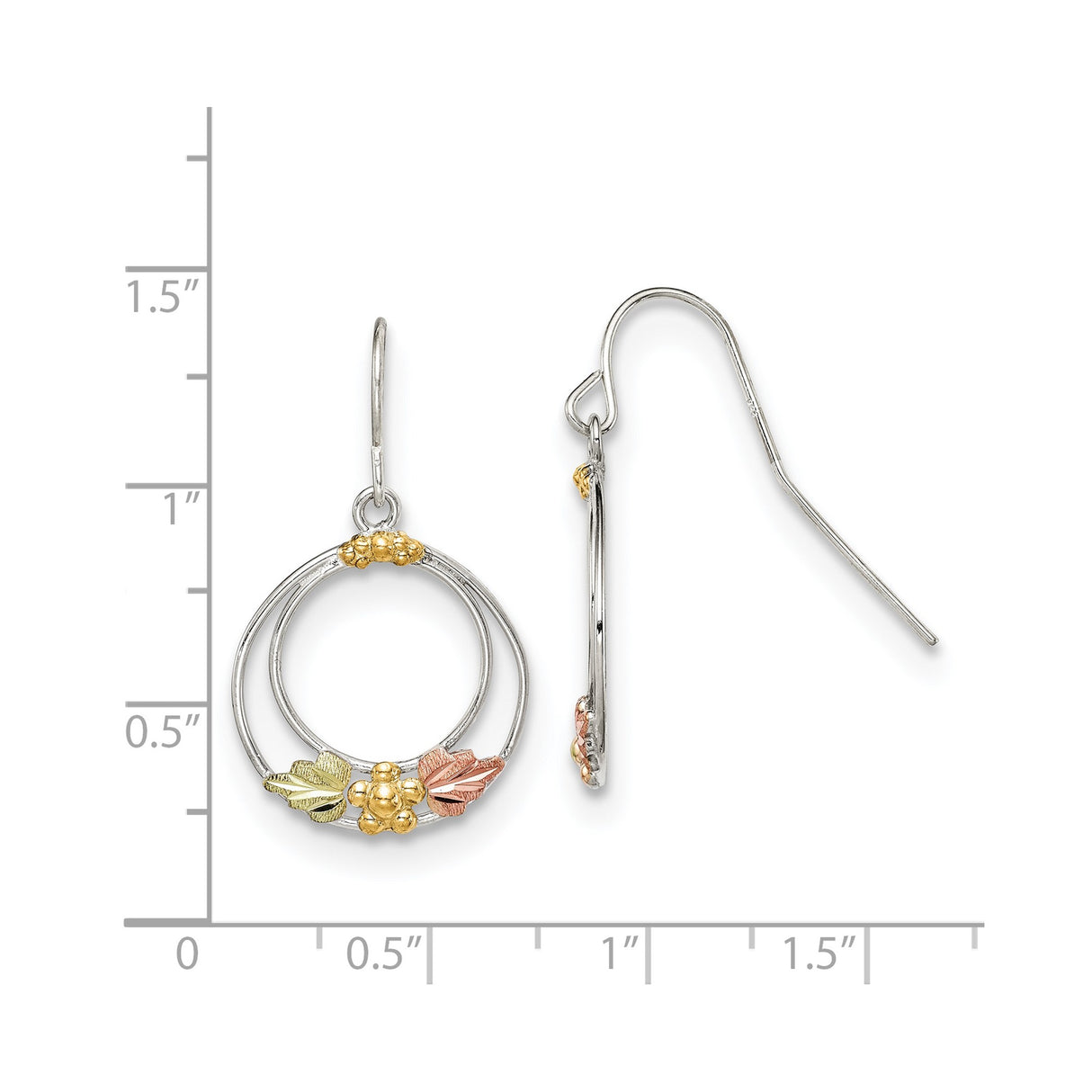 Sterling Silver Dangle Earrings with Double Circle Design and Black Hills Gold Leaf Accents