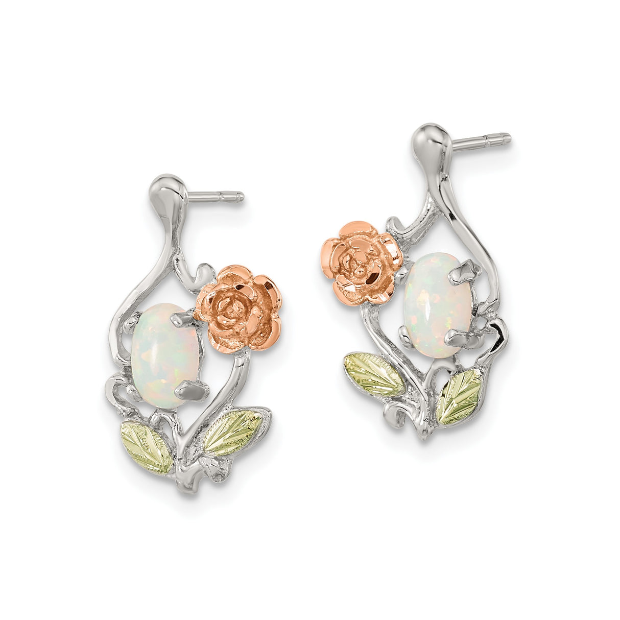 Sterling Silver Opal Stud Earrings, Rose Gold Tone Floral Accents with Green Leaf Details