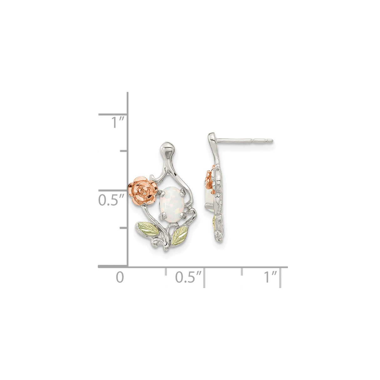 Sterling Silver Opal Stud Earrings, Rose Gold Tone Floral Accents with Green Leaf Details