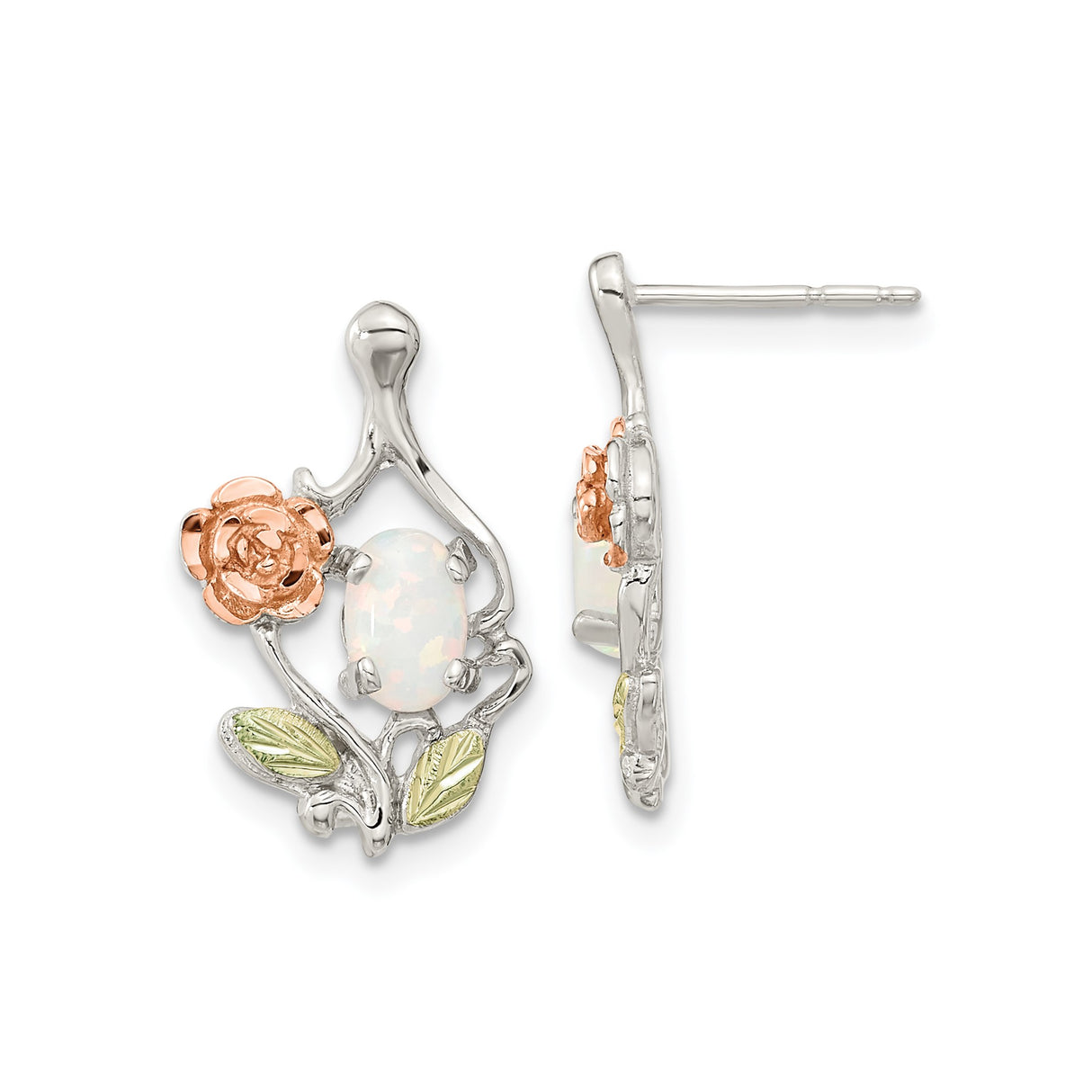 Sterling Silver Opal Stud Earrings, Rose Gold Tone Floral Accents with Green Leaf Details