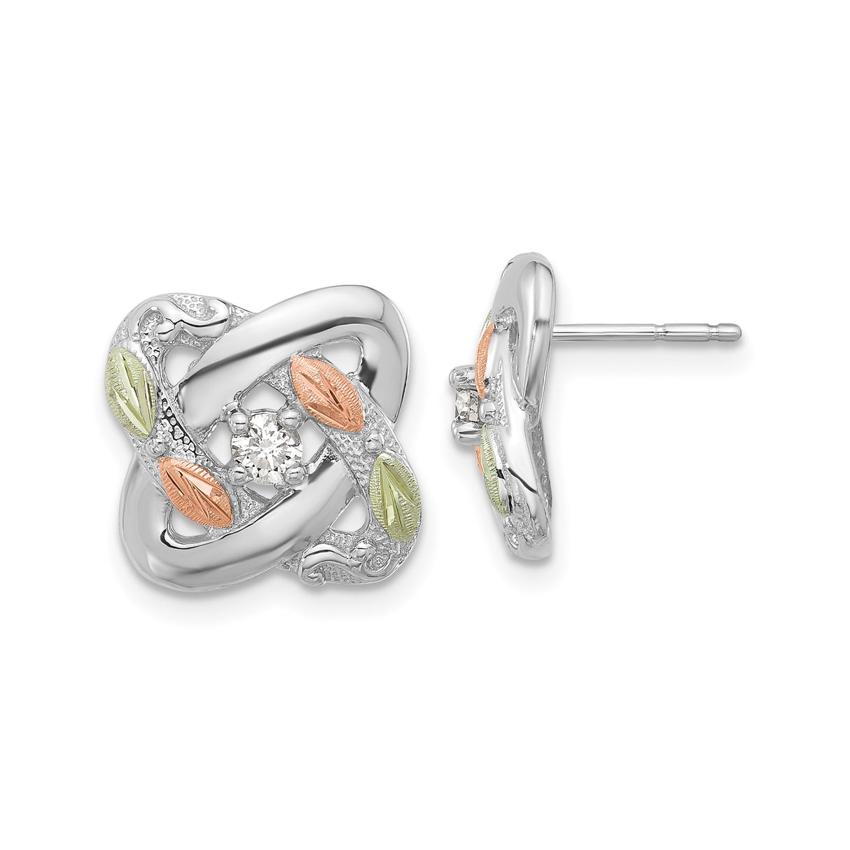 Sterling Silver Stud Earrings with Diamond Accent, Love Knot and Rose Gold Leaf Design