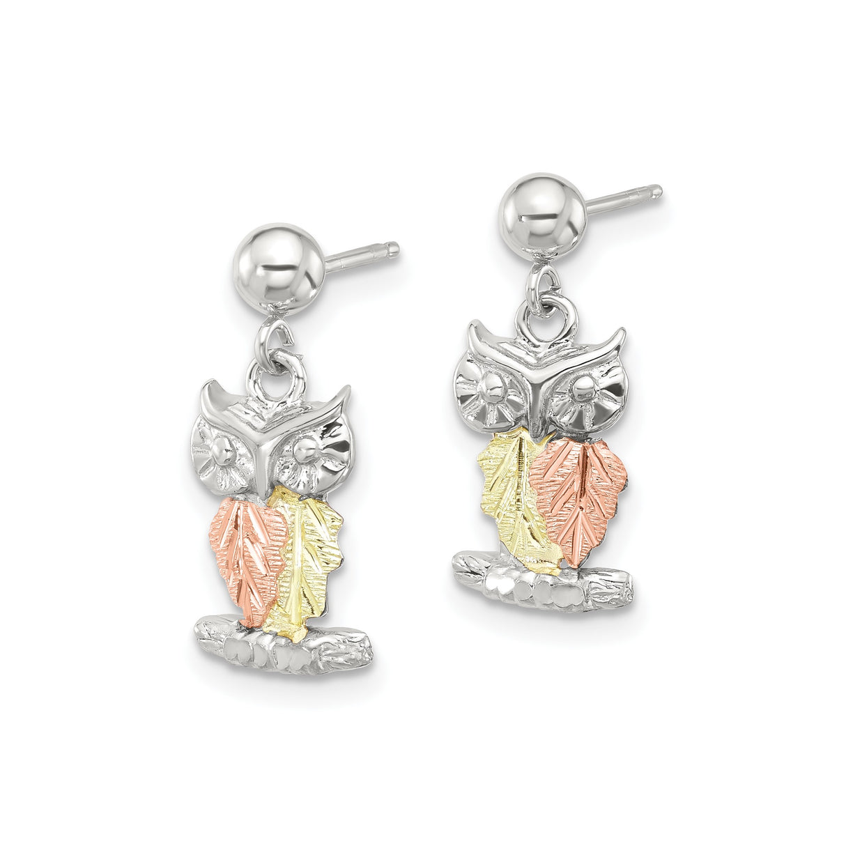Sterling Silver Owl Stud Earrings with Rose, Yellow, and Green Leaf Accents, Nature Inspired Design