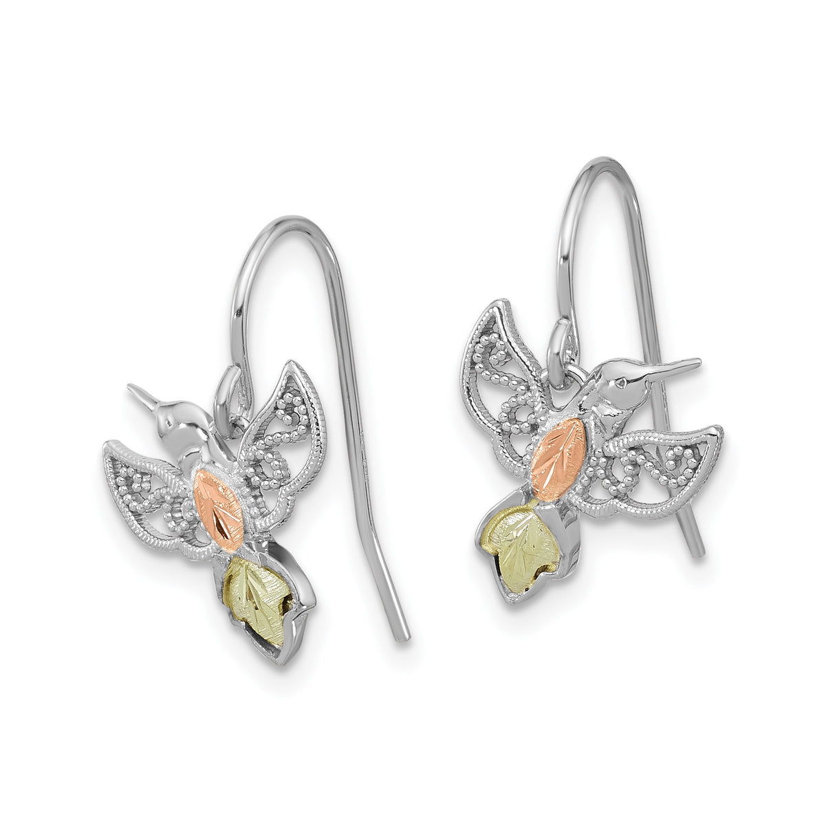 Sterling Silver Hummingbird Dangle Earrings with Rose and Green Leaf Accents, Wildlife Jewelry