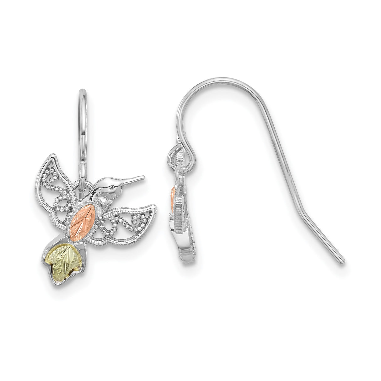 Sterling Silver Hummingbird Dangle Earrings with Rose and Green Leaf Accents, Wildlife Jewelry